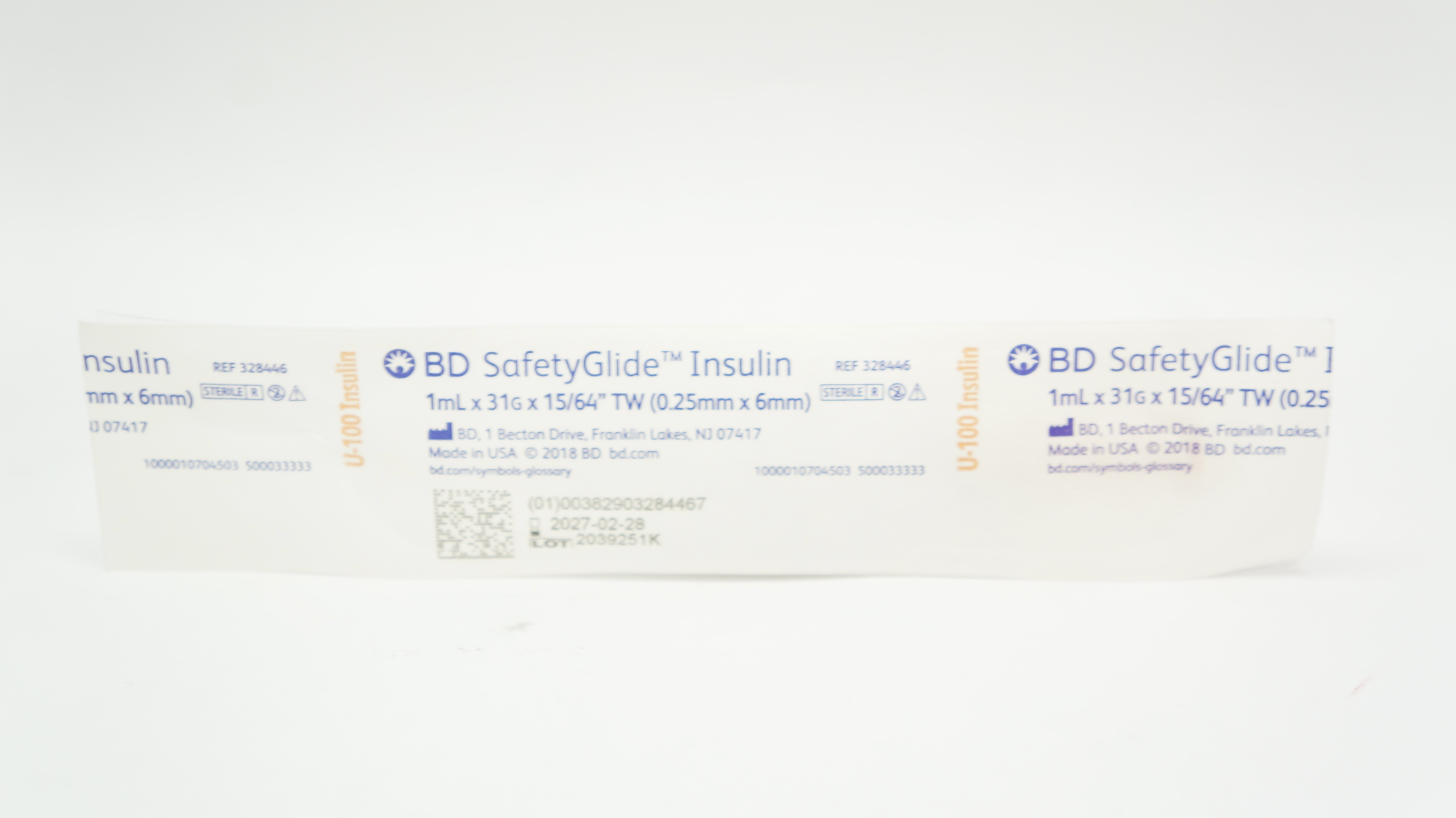 BD 328446 SafetyGlide U-100 Insulin Syringe 1mL 31G x 15/64inch TW
