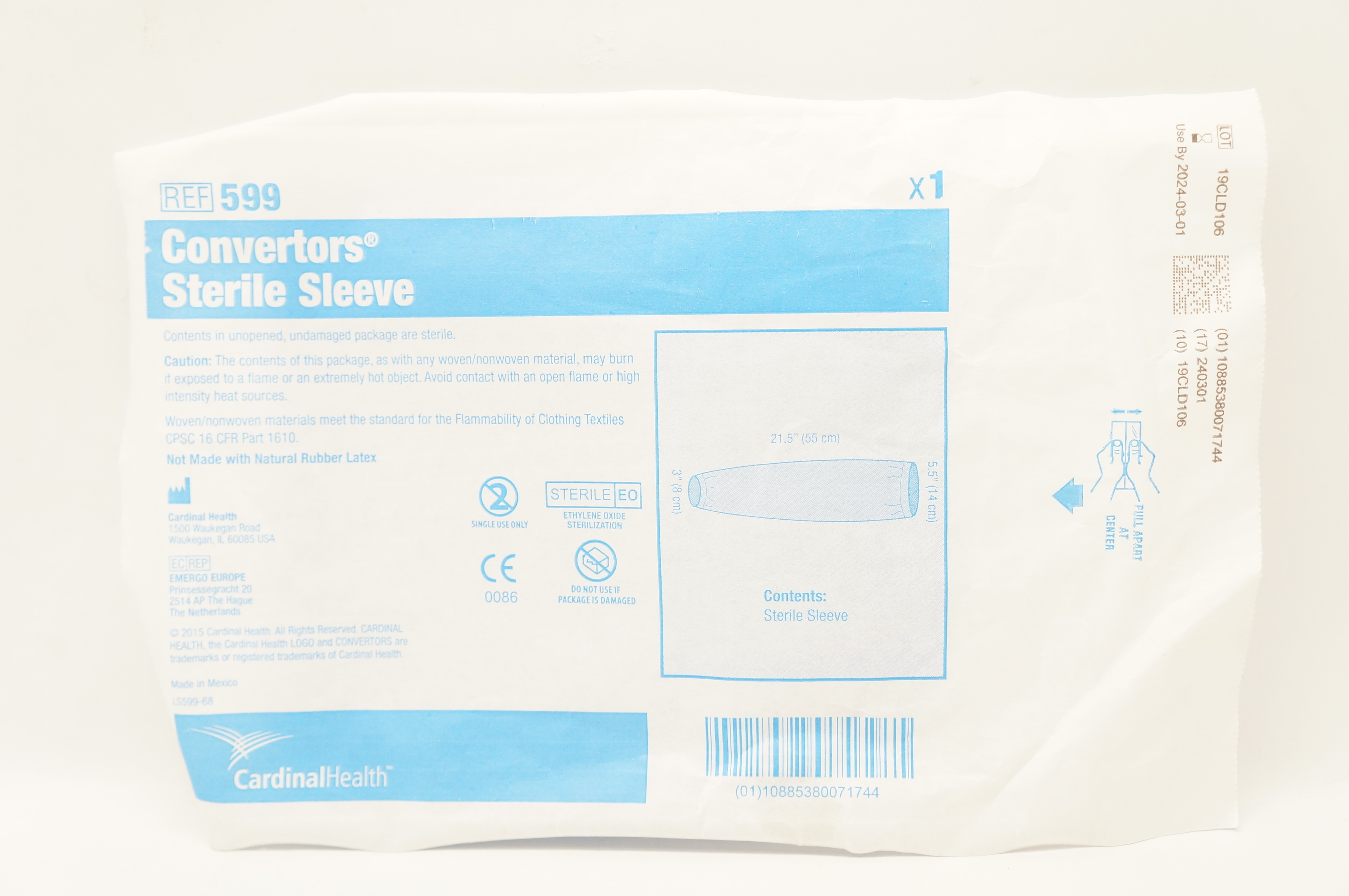 Cardinal Health 599 Convertors Sterile Sleeve 3 inch x 21 inch x 5.5 inch