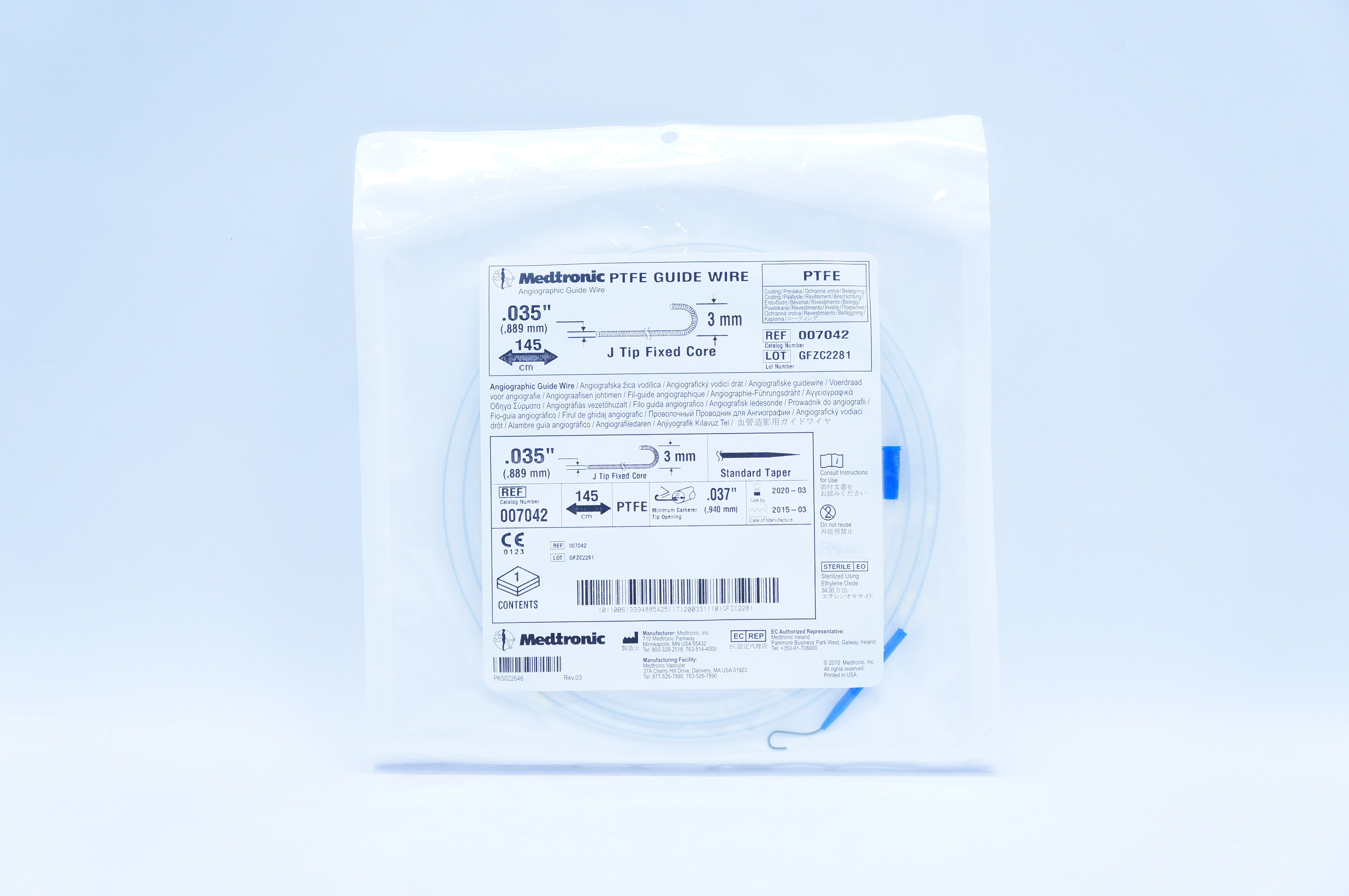 Medtronic 007042 Angiographic Guide Wire .035inx3mm, 145cm PTFE, Cath .037in (x)