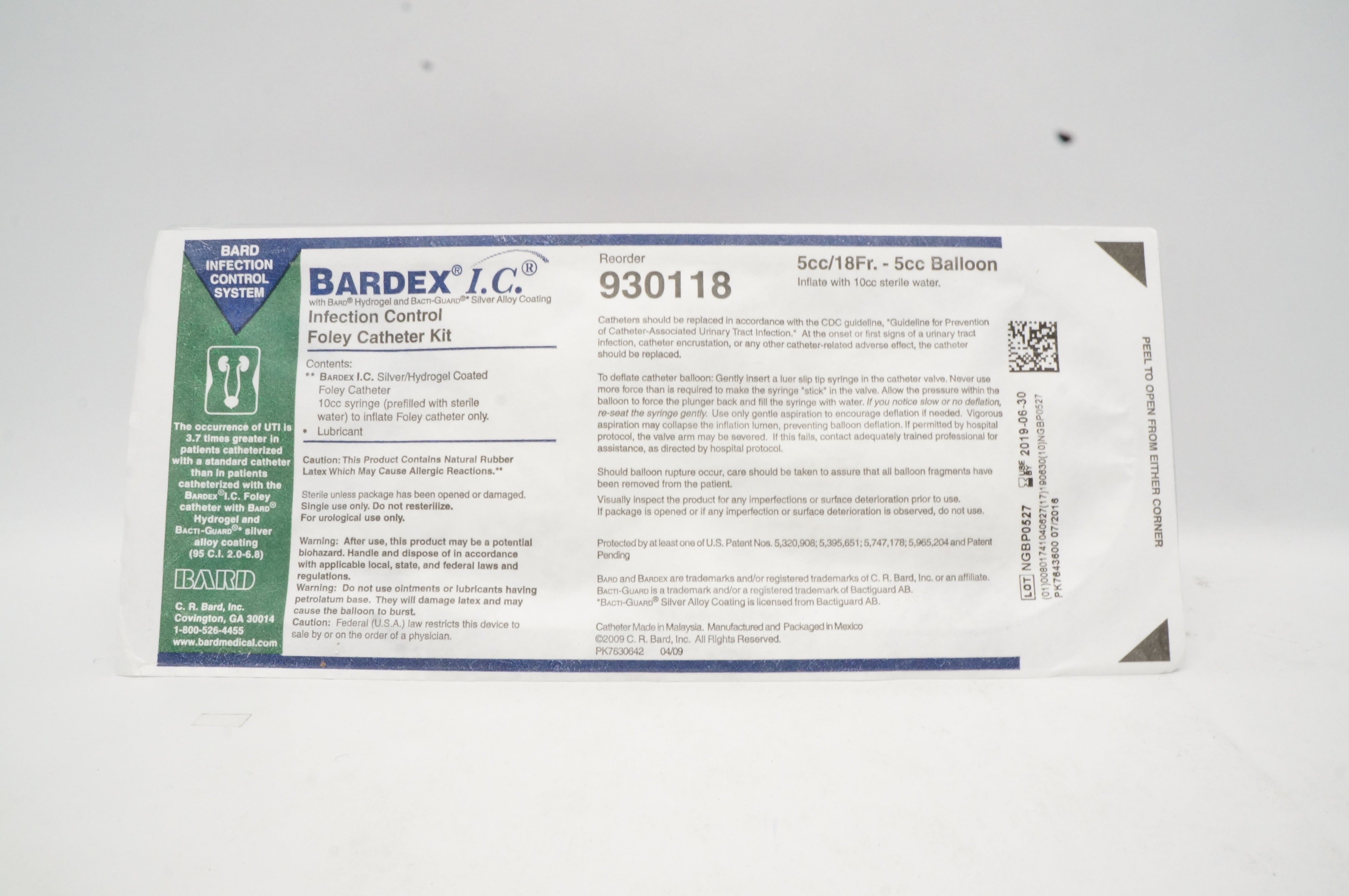 Bard 930118 Bardex I.C. Infection Control Foley Cath. Kit 5cc x 18Fr (x)