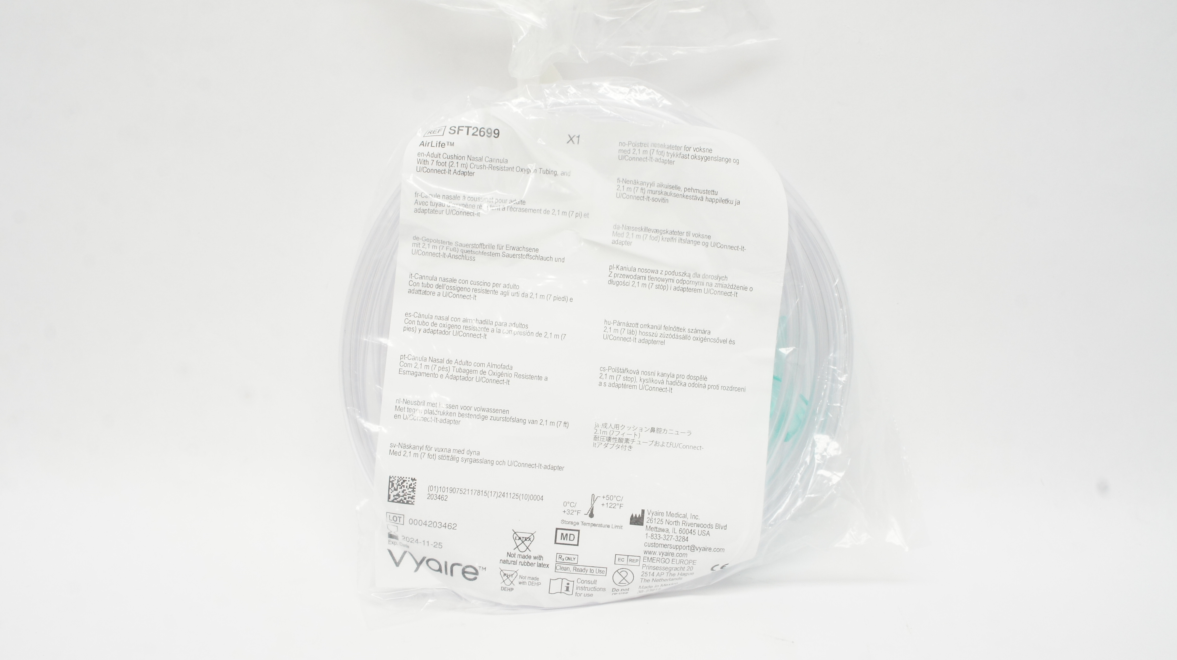 Vyaire SFT2699 AirLife Adult Cushion Nasal Cannula with 7 Foot Tubing & Adapter