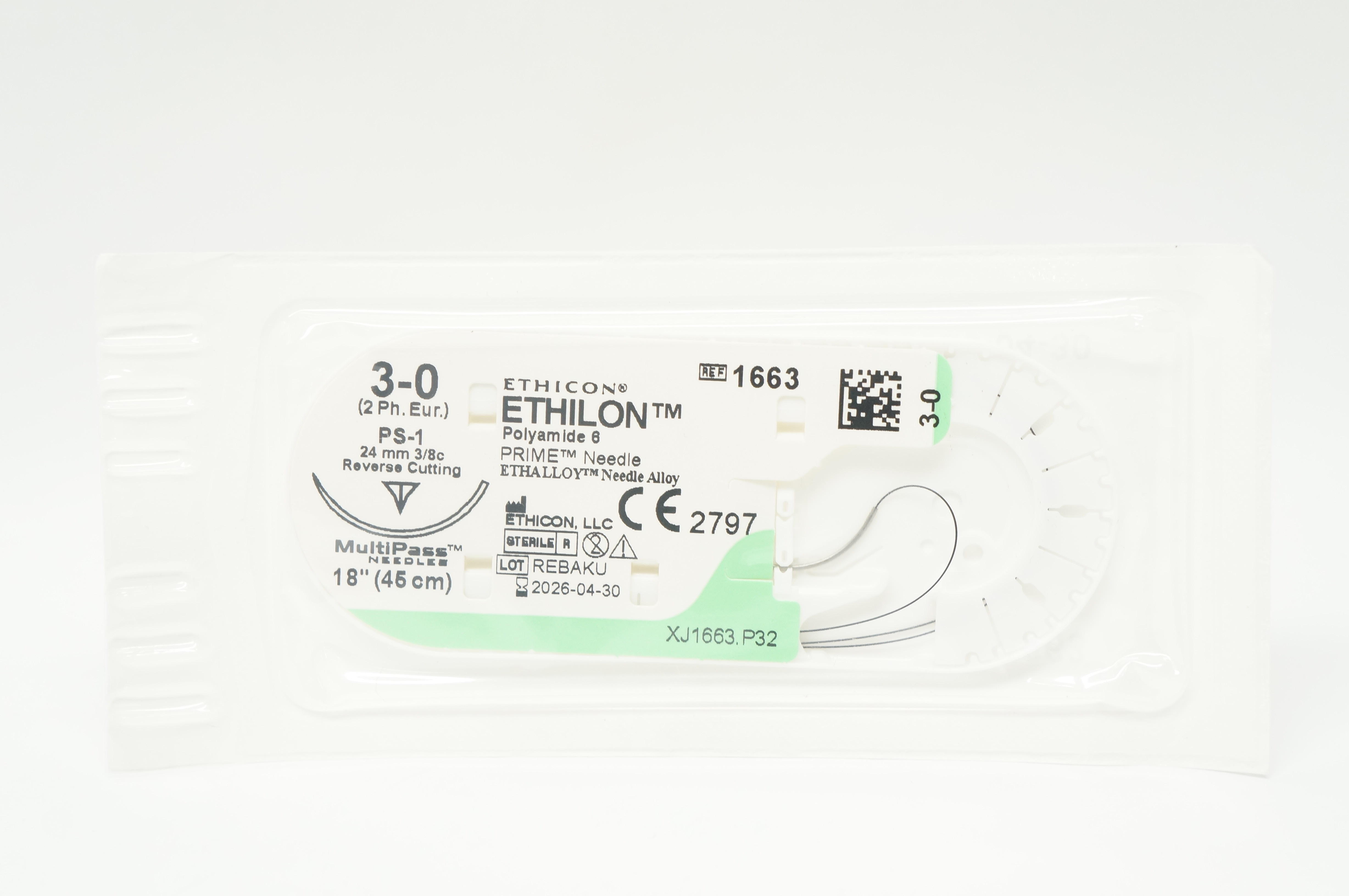 Ethicon 1663 3-0 Ethilon Stre PS-1 24 mm 3/8c Reverse Cutting, 18 inch