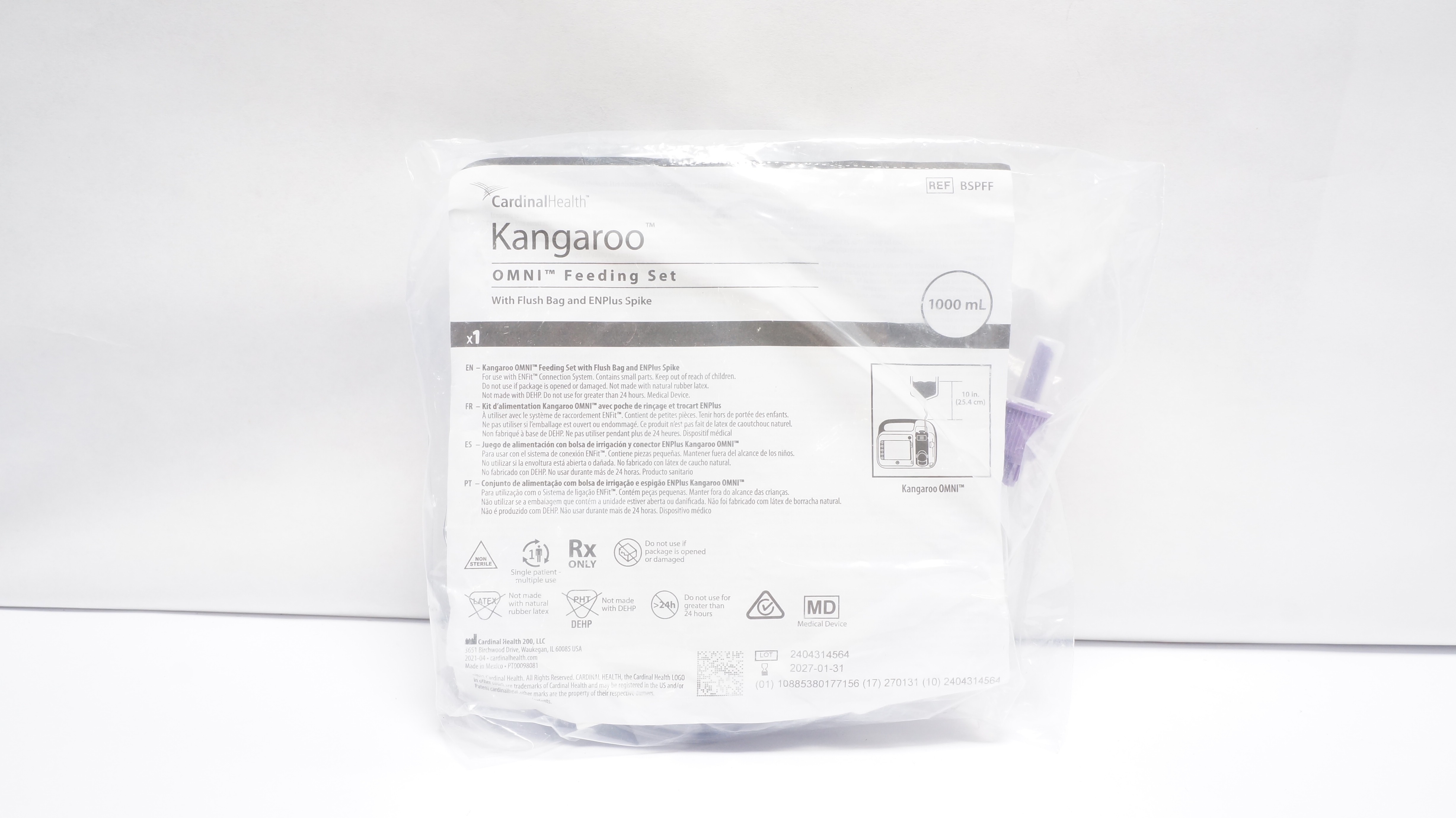 Cardinal Health BSPFF Kangaroo OMNI Feeding Set W/Flush Bag & Spike 1000mL,10in