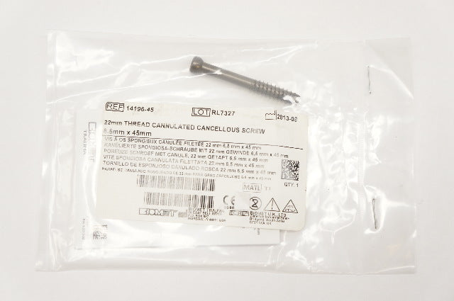 Biomet 14196-45 22mm Thread Cannulated Cancellous Screw 6.5mm x 45mm