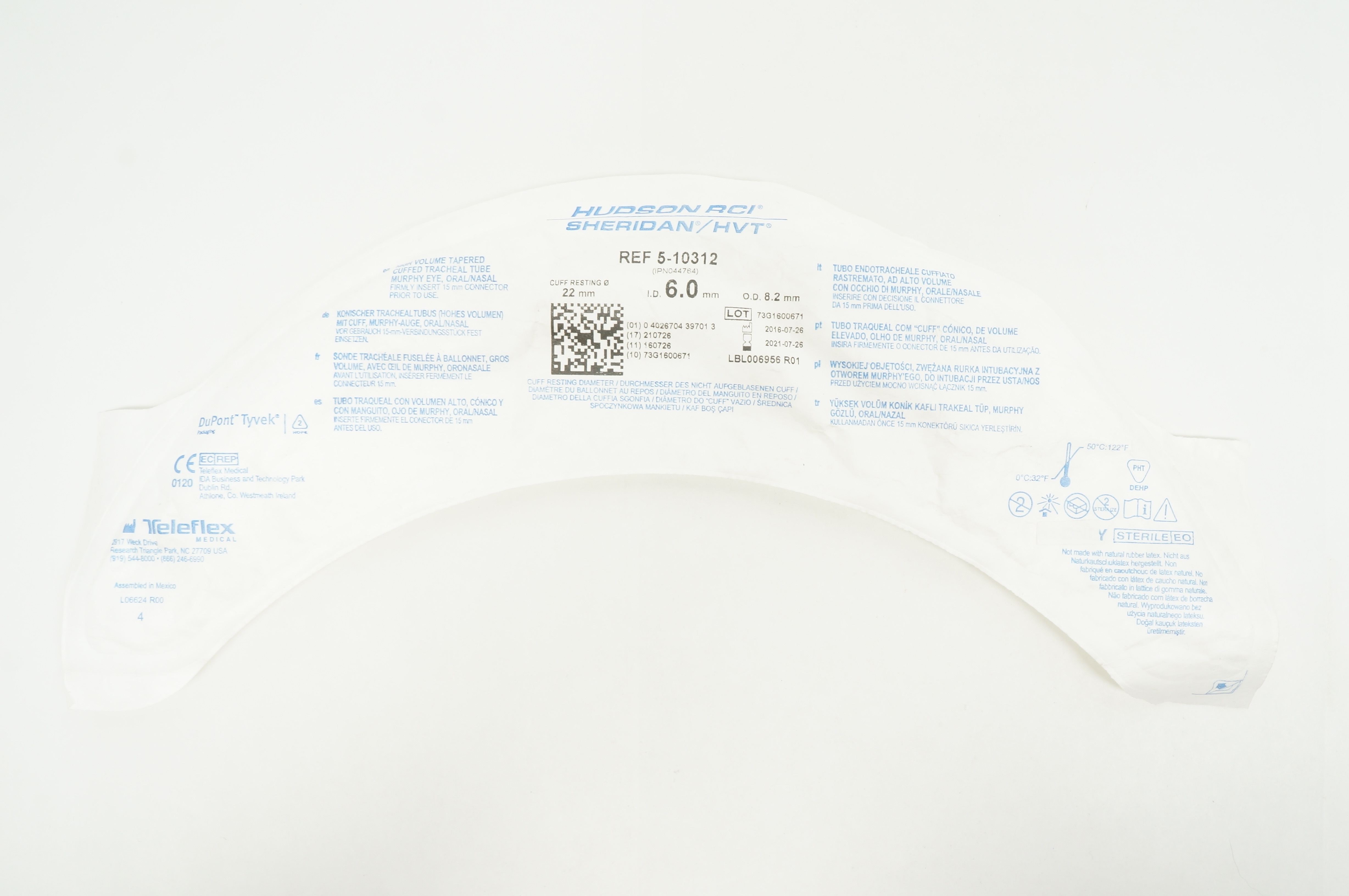 Teleflex 5-10312 Hudson RCI Sheridan HVT Cuffed Tracheal Tube 6.0 x 8.2 x 22mm