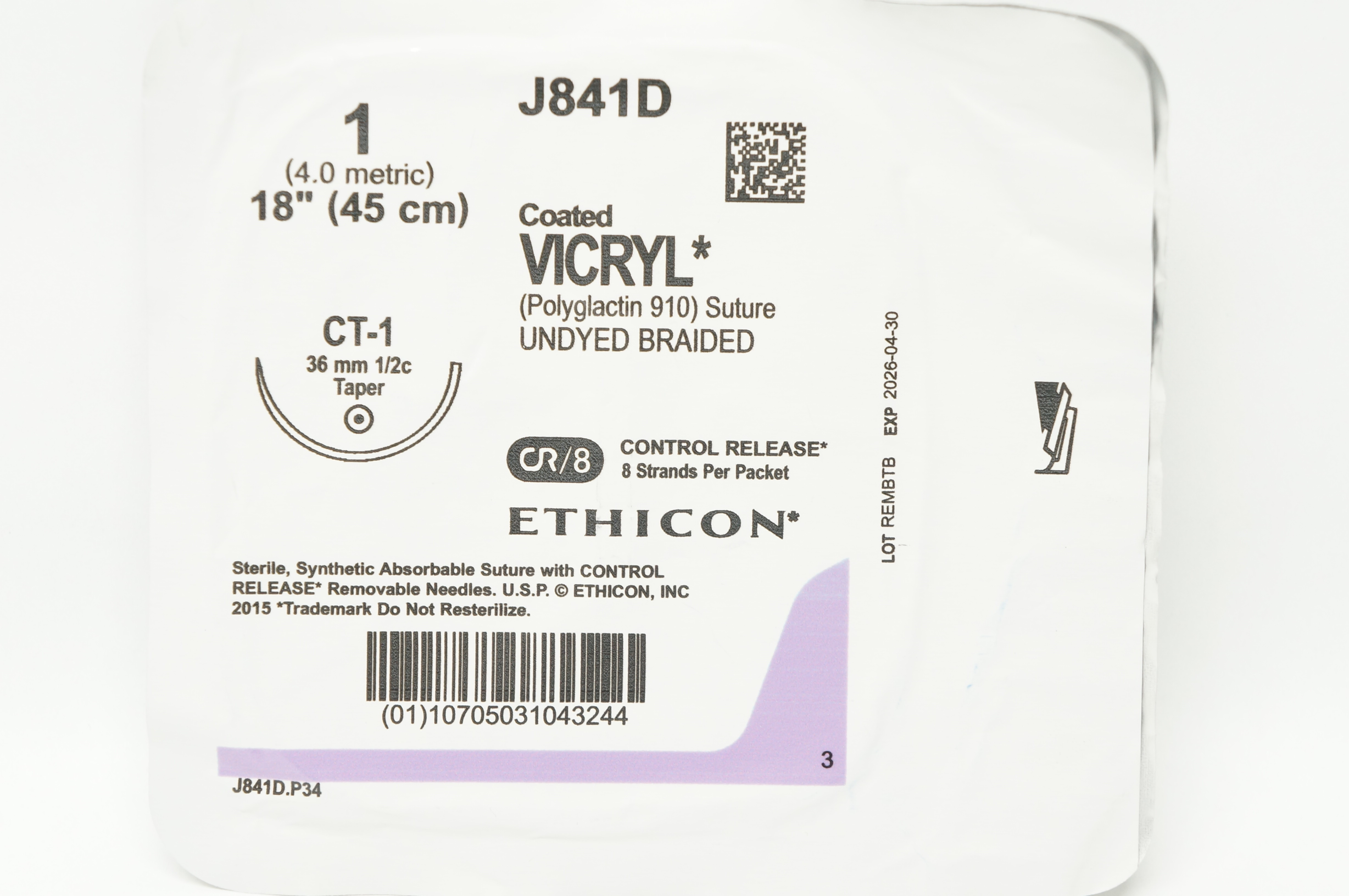 Ethicon J841D 1 Coated VICRYL Polyglactin Stre CT-1 36mm 1/2c Taper 18inch