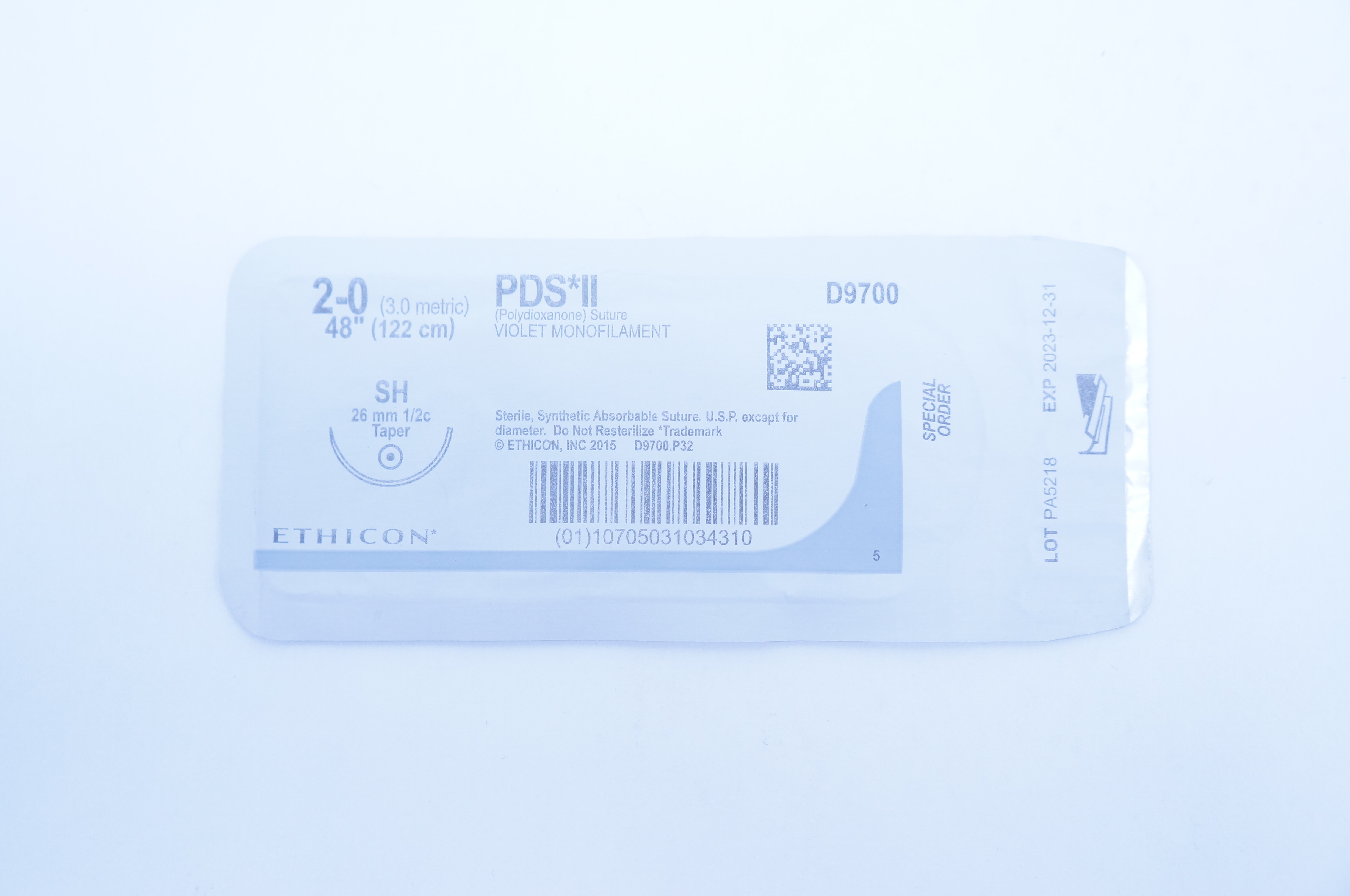 Ethicon D9700 2-0 PDS II, SH, 26mm 1/2c Taper, 48inch