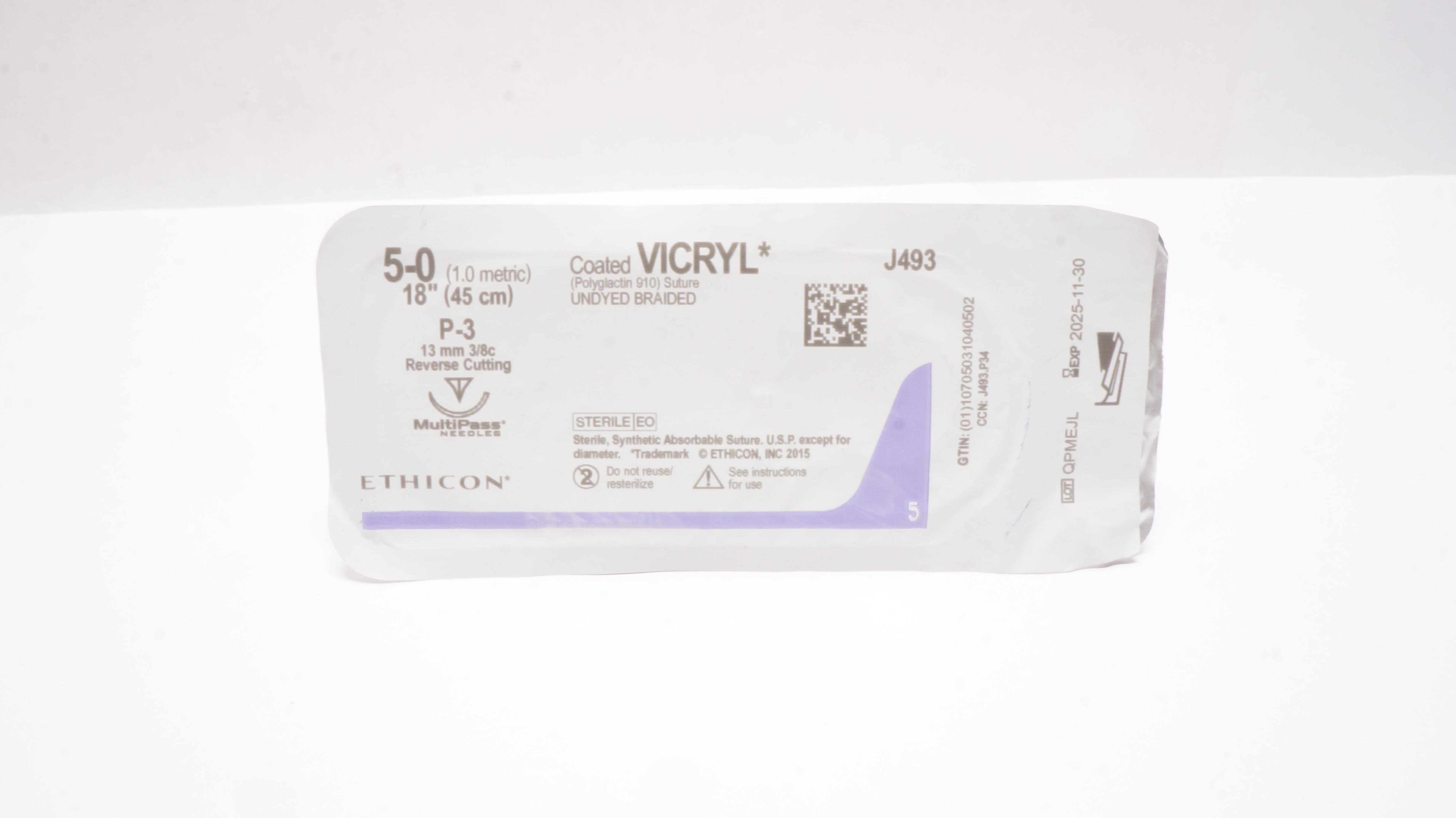 Ethicon J493 5-0 Coated VICRYL, P-3, 13mm 3/8c Reverse Cutting, 18inch