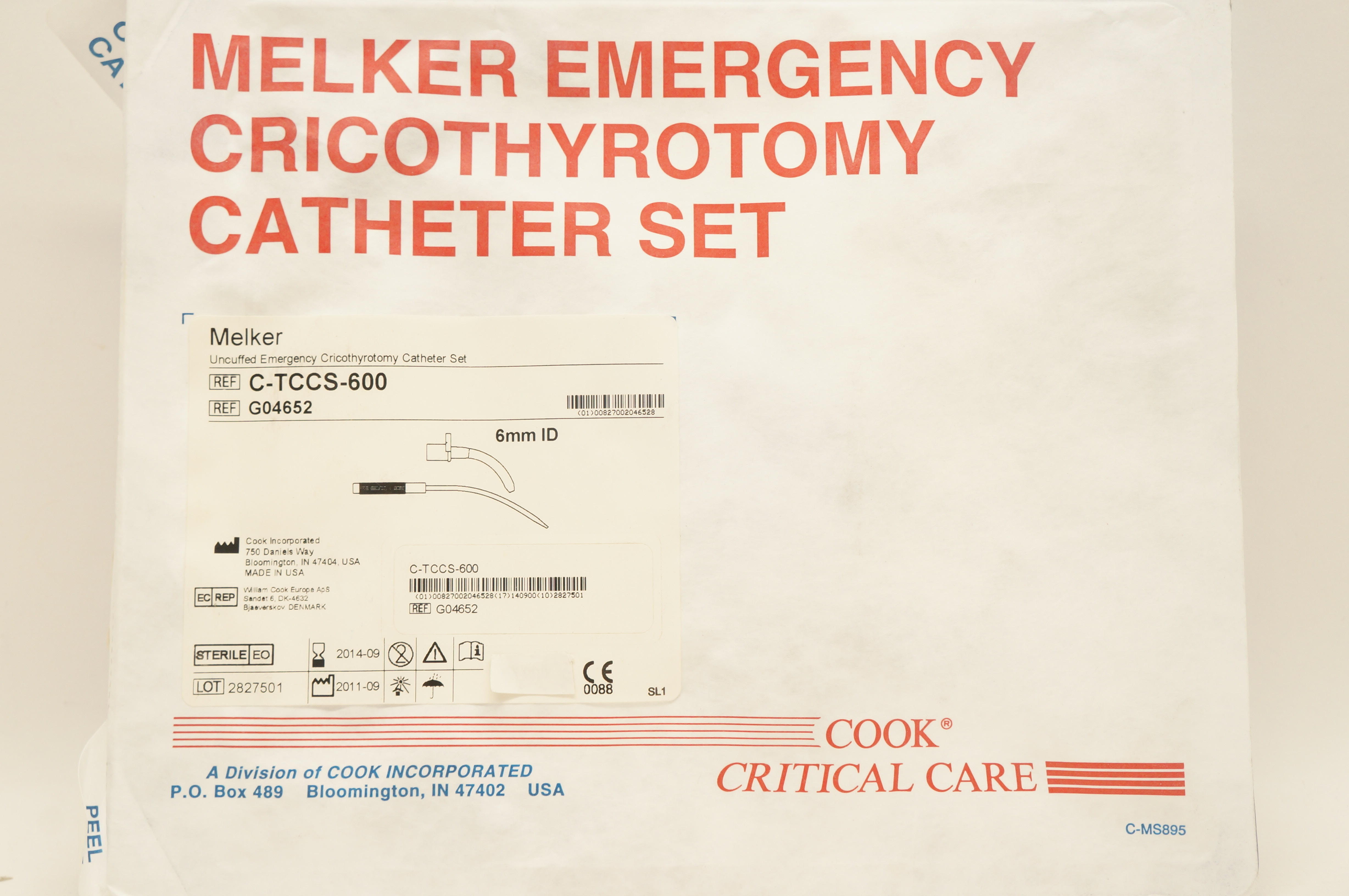 Cook Medical G04652 Melker Uncuffed Emergency Cricothyrotomy Cath. Set 6mm (x)