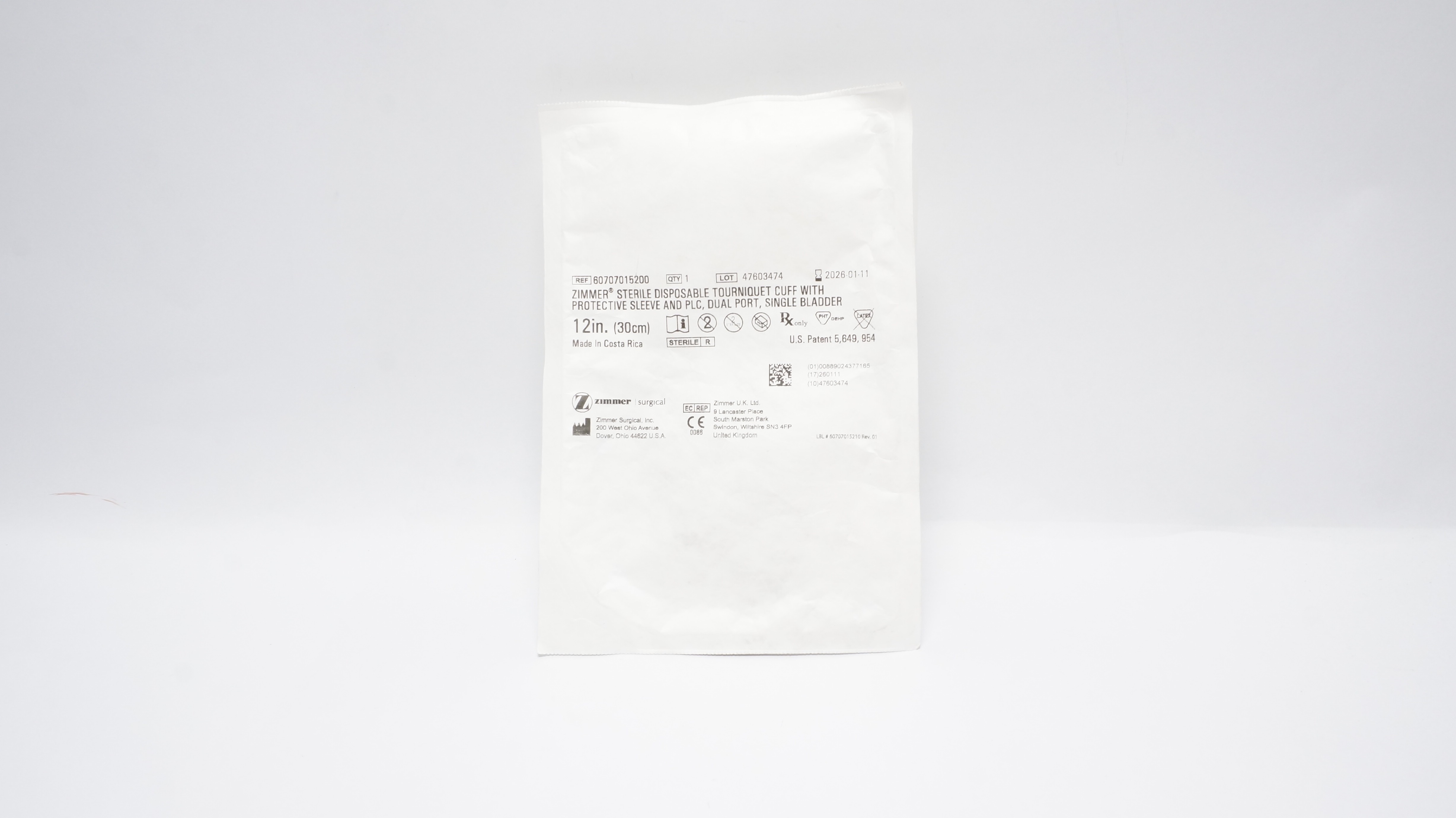 Zimmer 60707015200 Tourniquet Cuff w/Protective Sleeve and PLC, Dual Port 12inch