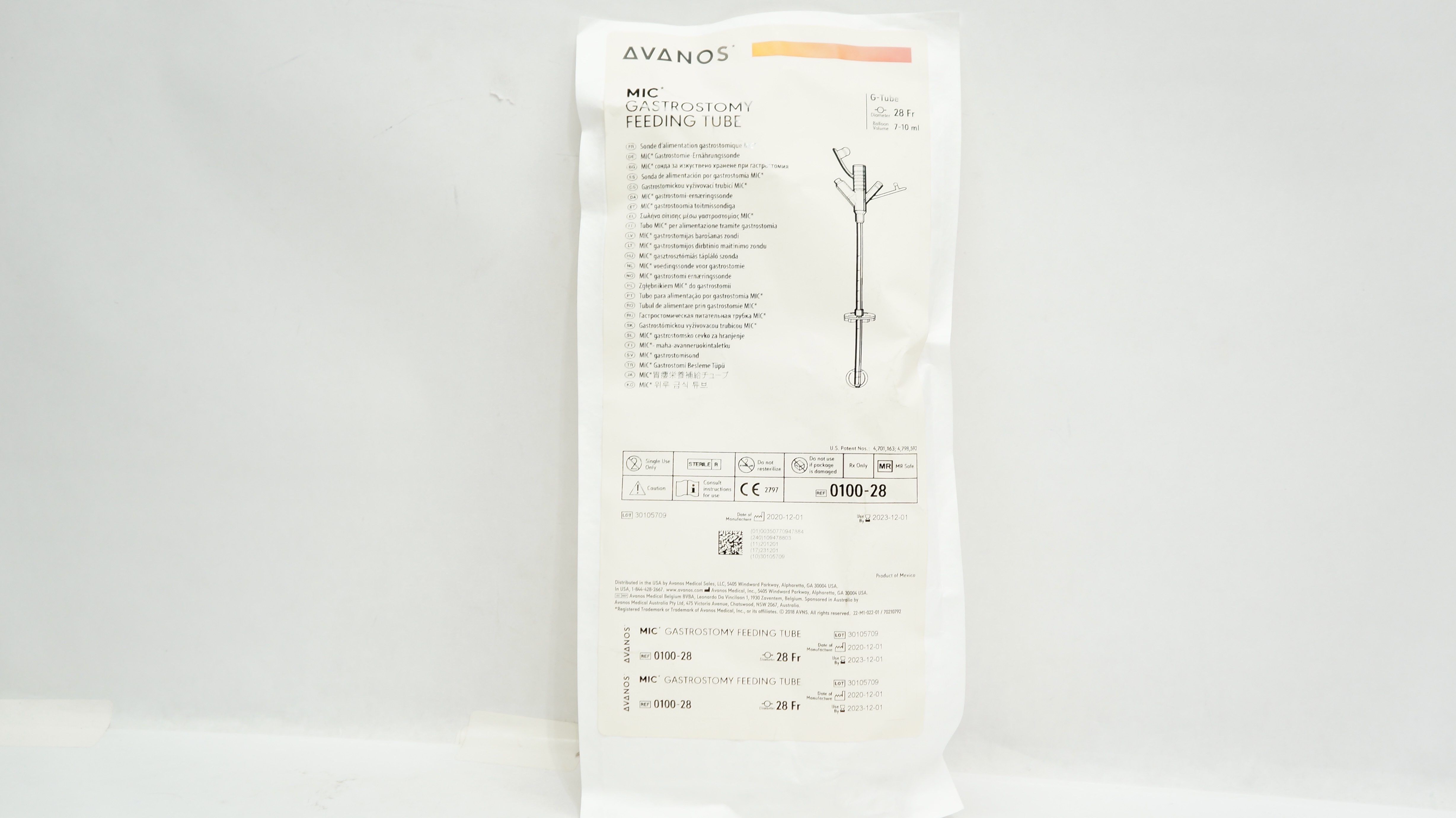 Avanos 0100-28 MIC Gastrostomy Feeding Tube 28Fr x 7-10mL