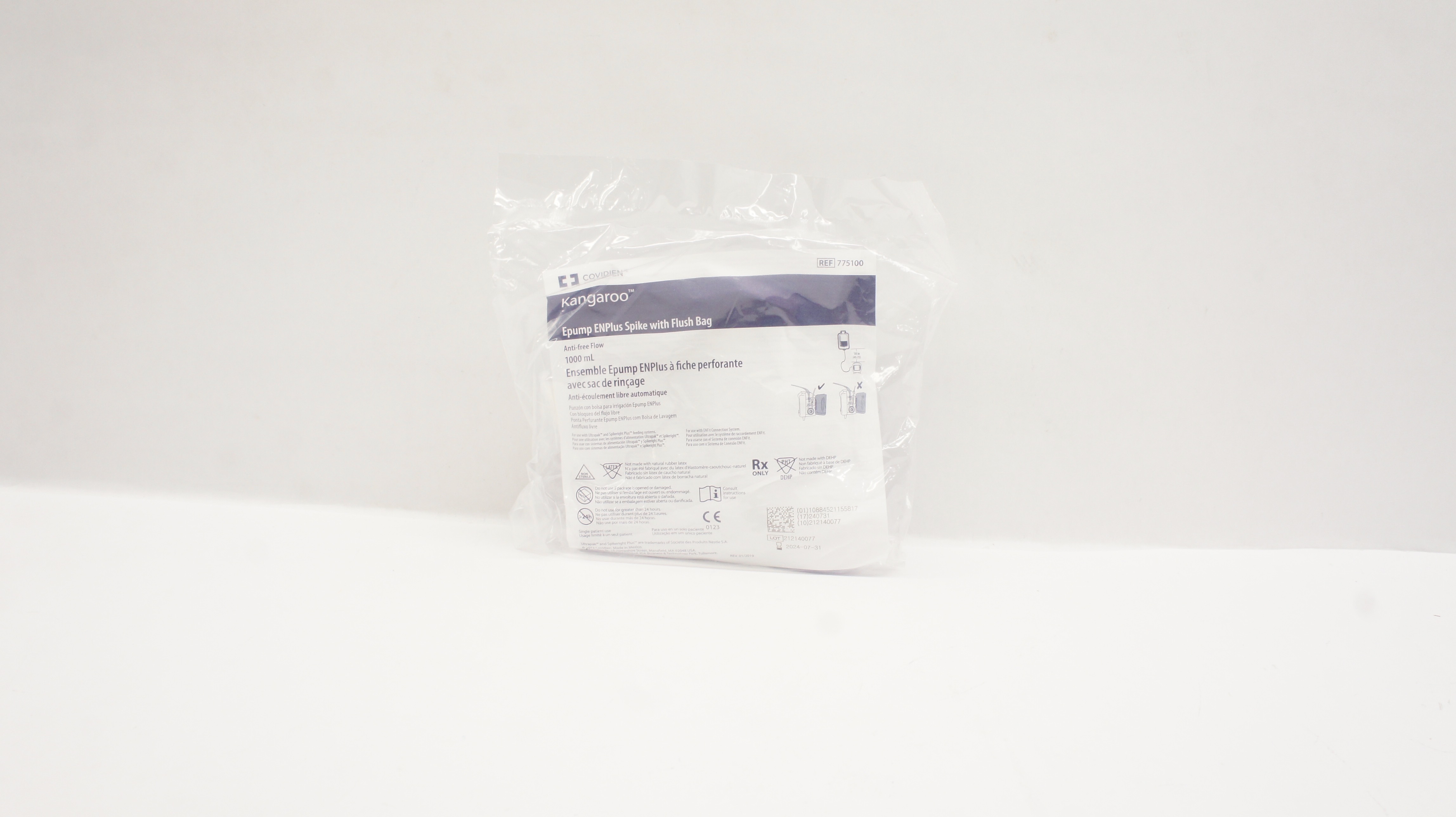 Covidien 775100 Kangaroo Epump ENPlus Spike with Flush Bag Anti-free Flow 1000mL