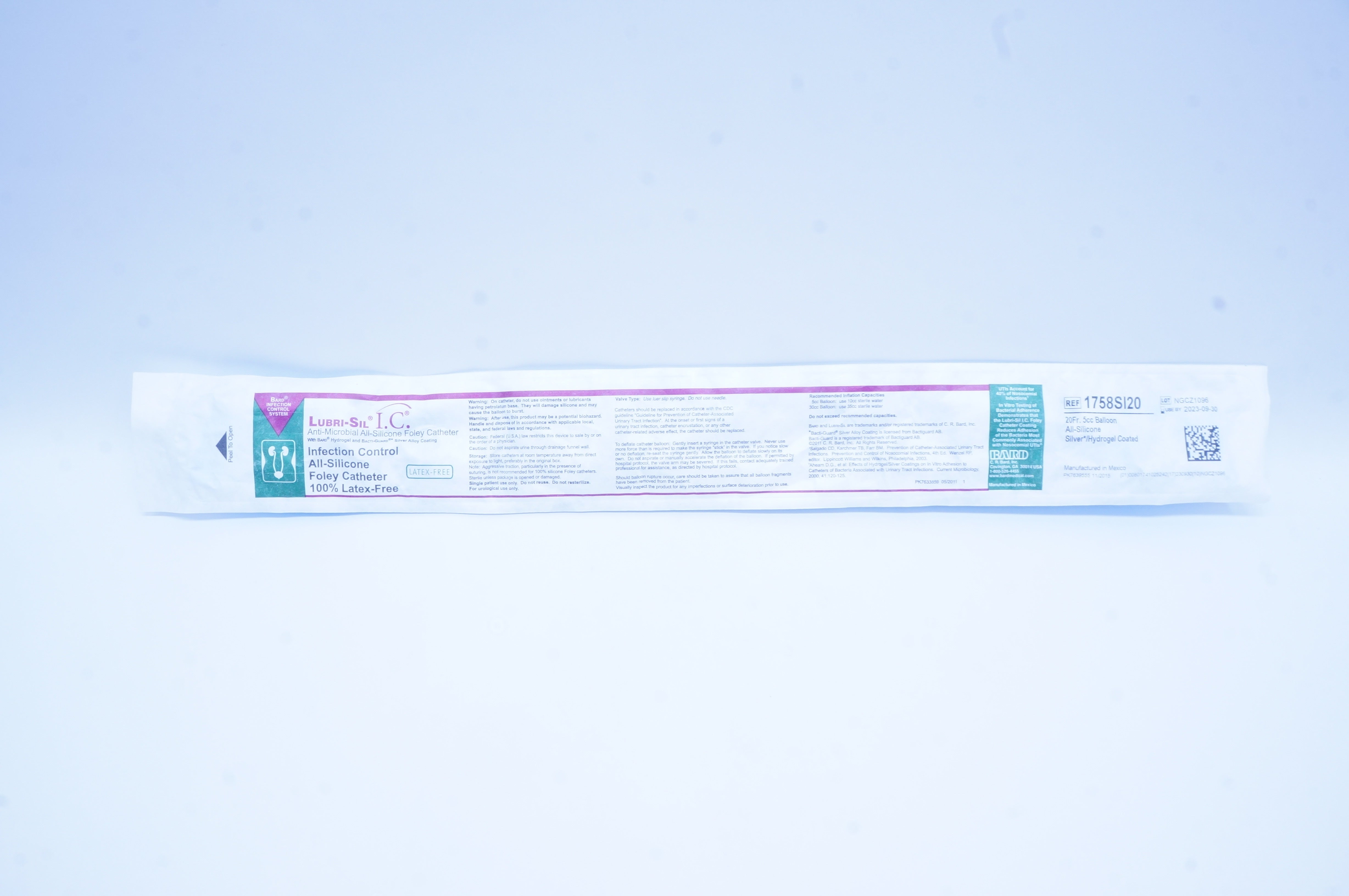 Bard 1758SI20 Lubri-Sil I.C. Aniti-Microbial All-Silicone Foley Cath. 20Fr