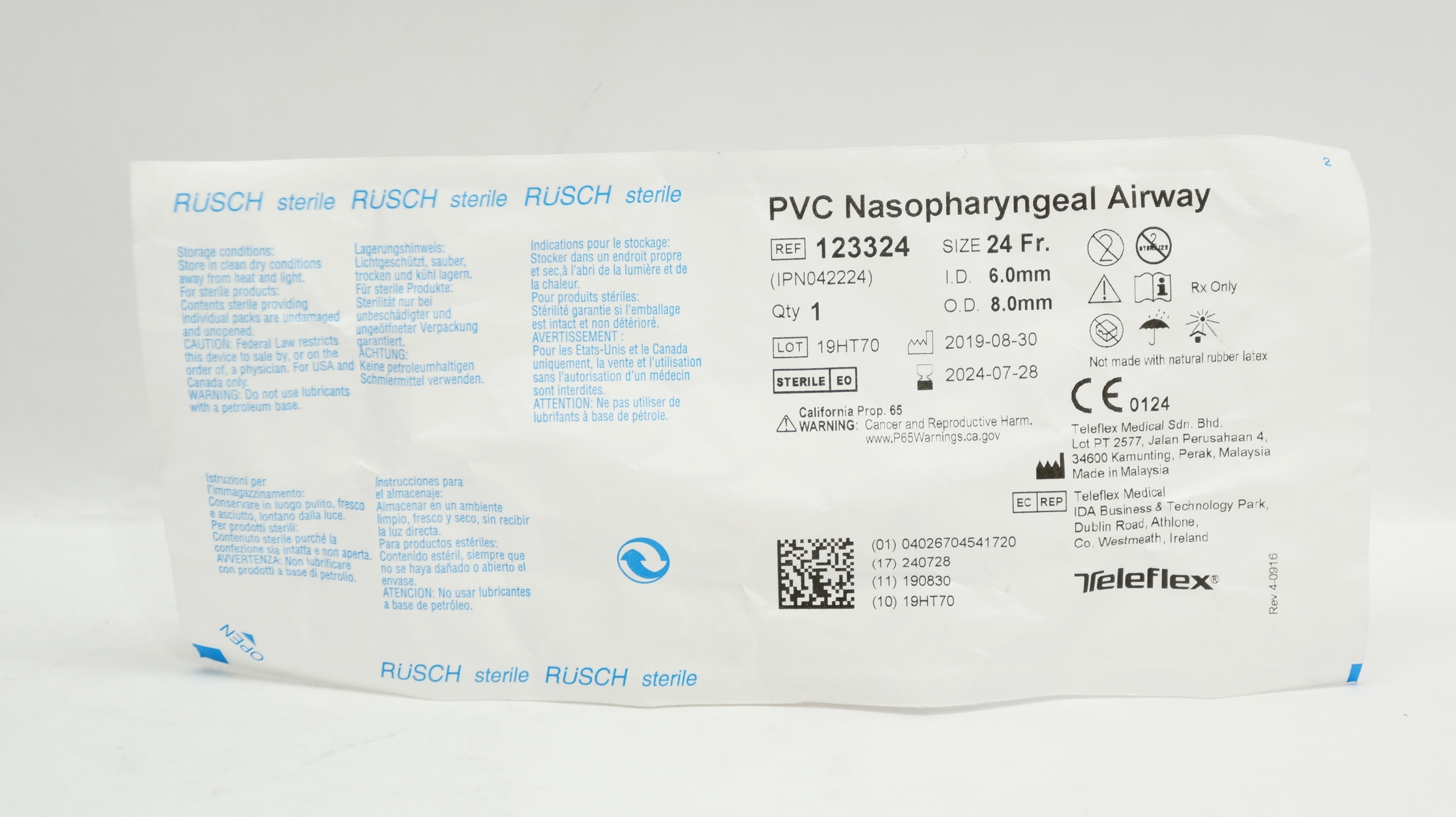 Teleflex 123324 Rusch PVC Nasopharyngeal Airway 24 Fr x 6.0mm ID x 8.0mm OD