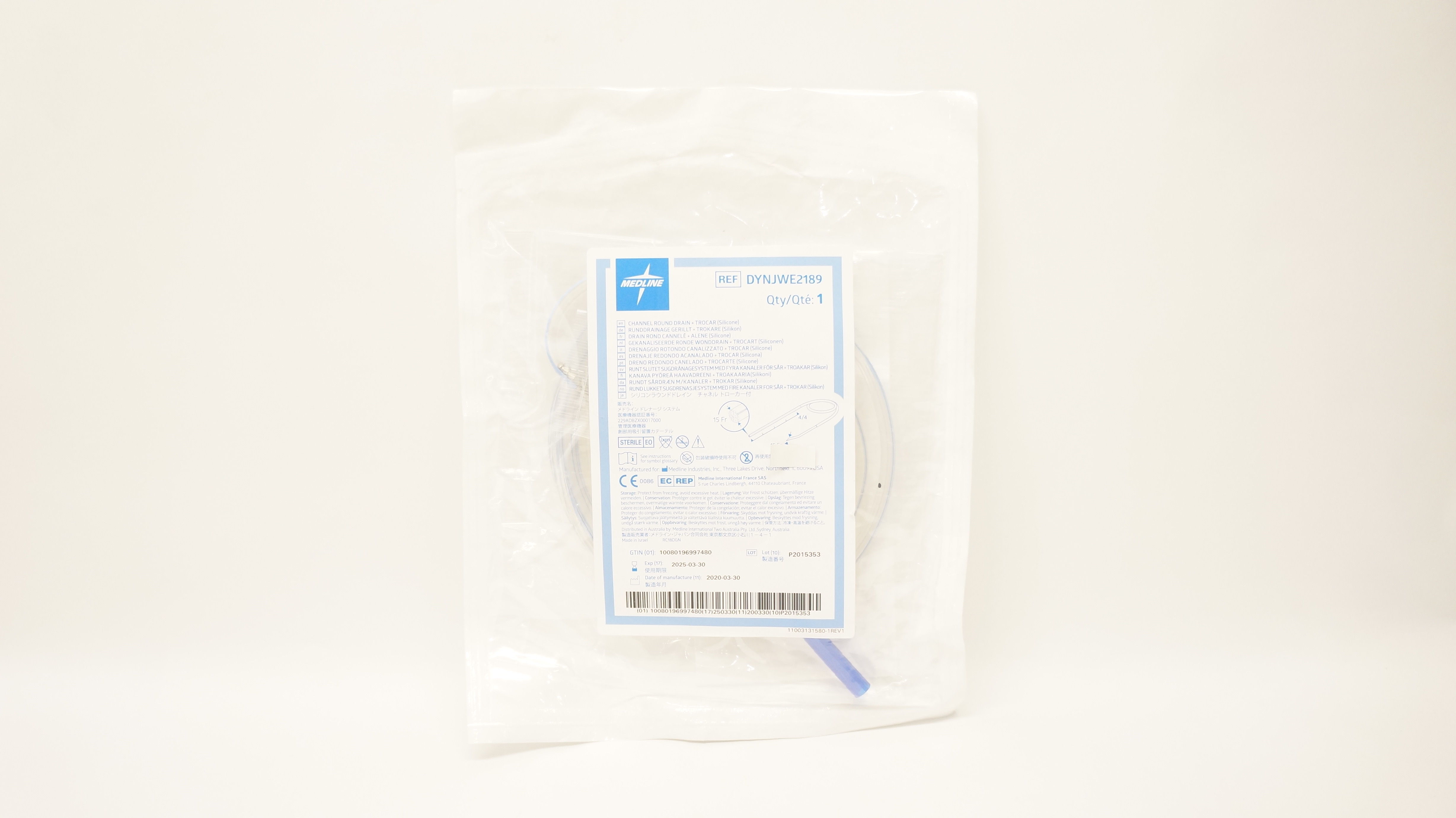 Medline DYNJWE2189 Channel Round Drain - Trocar Silicone 15Fr