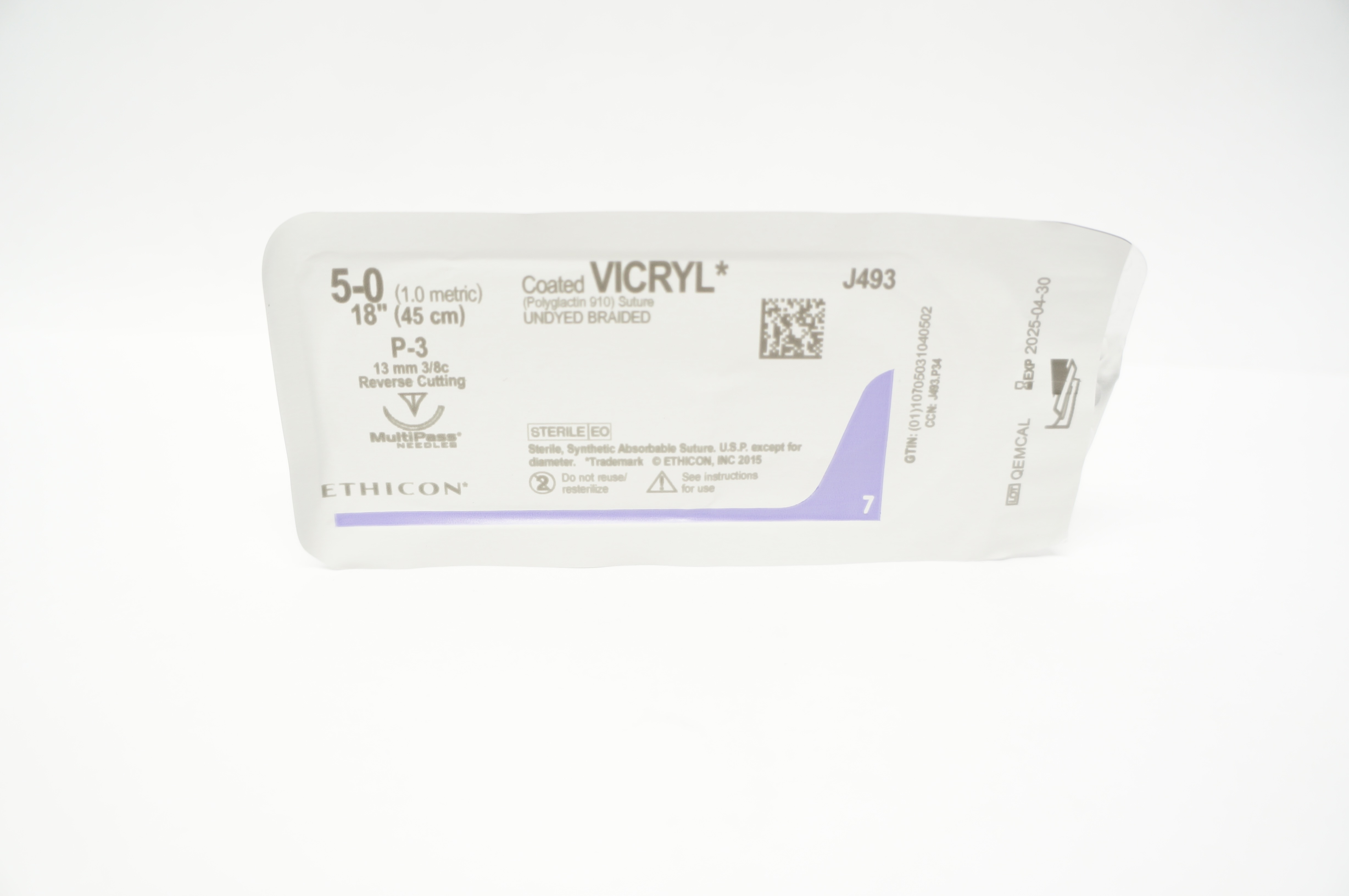 Ethicon J493 5-0 Coated VICRYL, P-3, 13mm 3/8c Reverse Cutting, 18inch