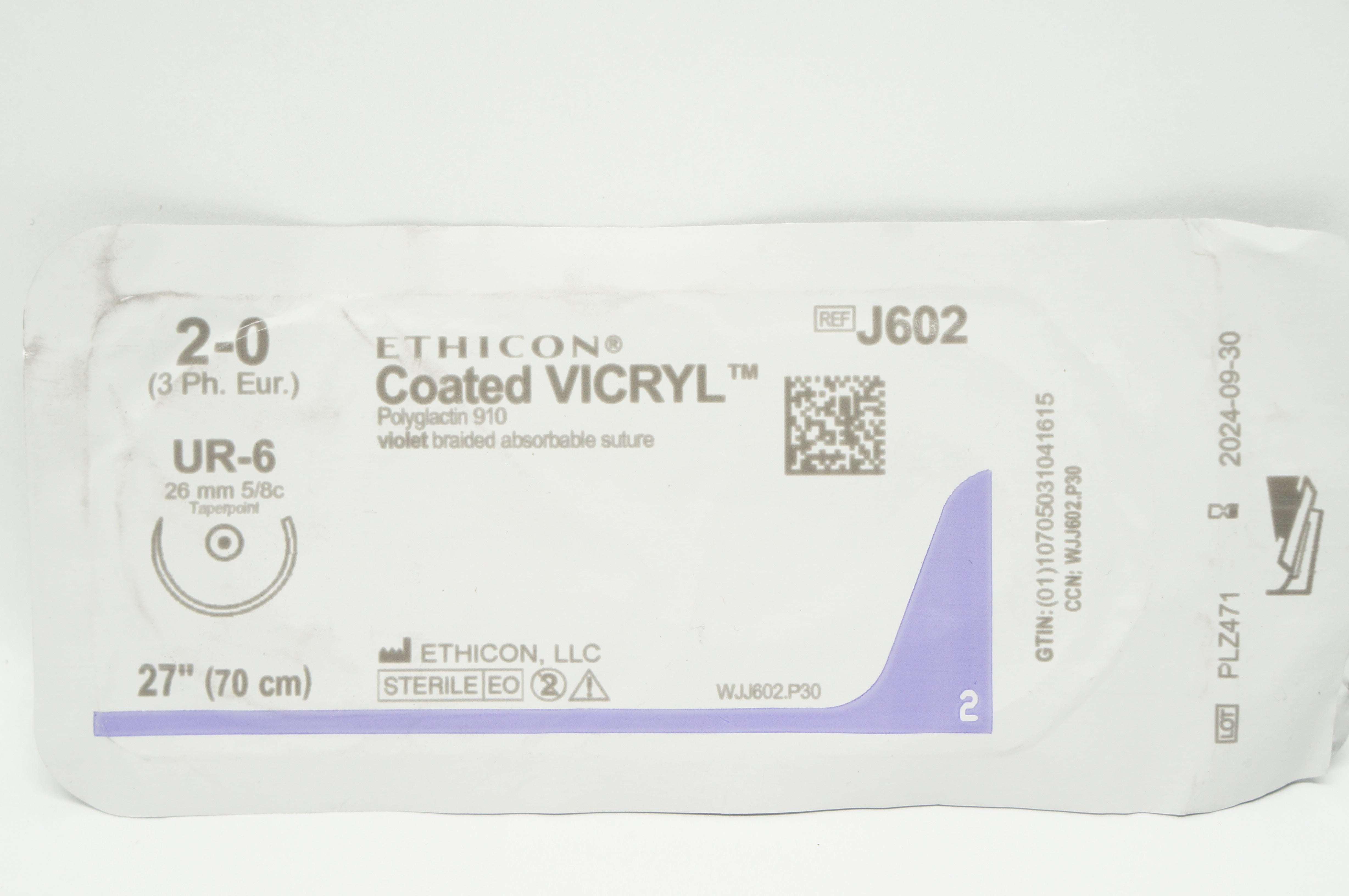 Ethicon J602 2-0 Coated VICRYL Stre UR-6 26mm 5/8c Taperpoint, 27 inch