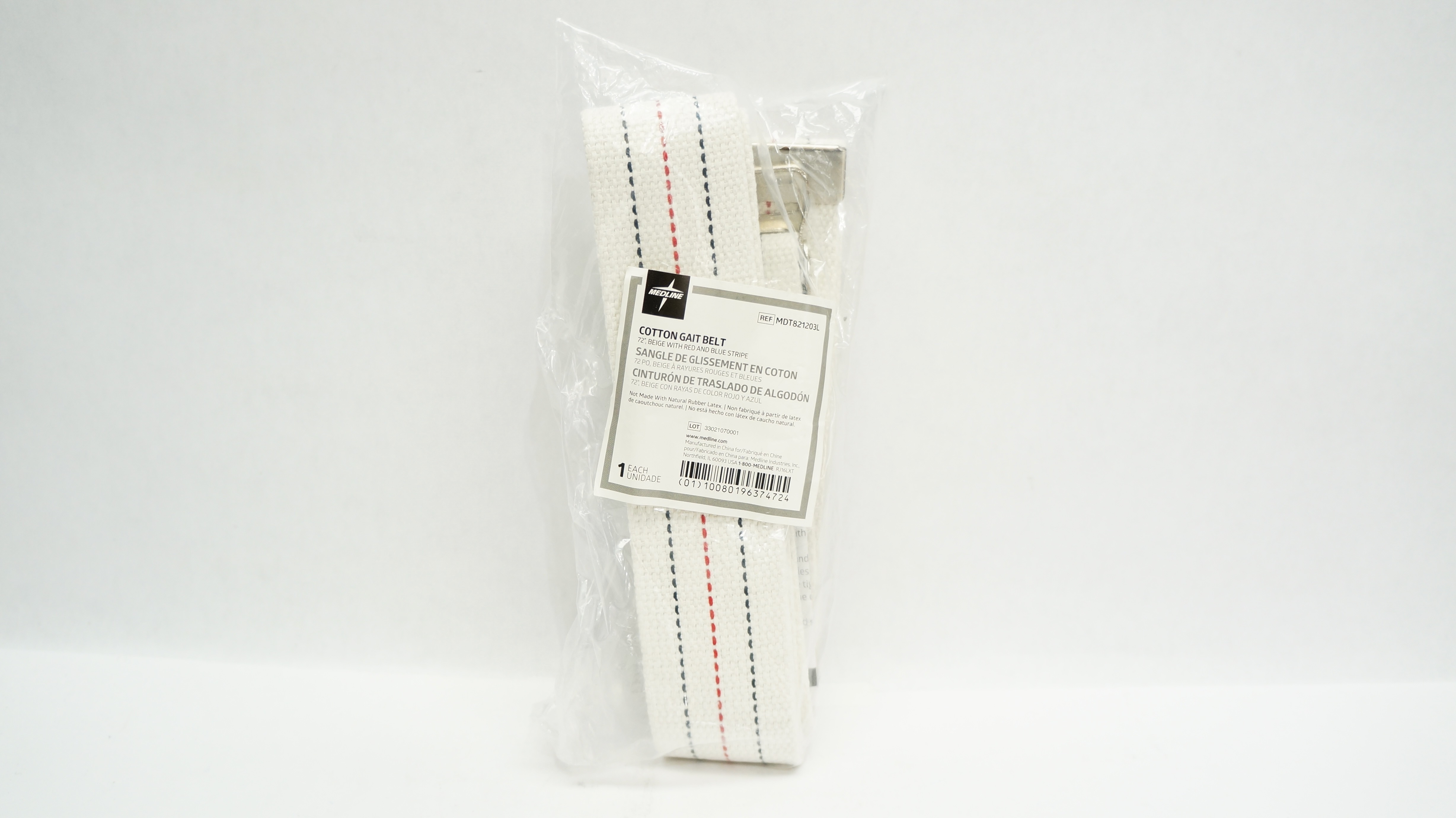 Medline MDT821203L Cotton Gait Belt, 72inch Beige w/Red & Blue Stripe