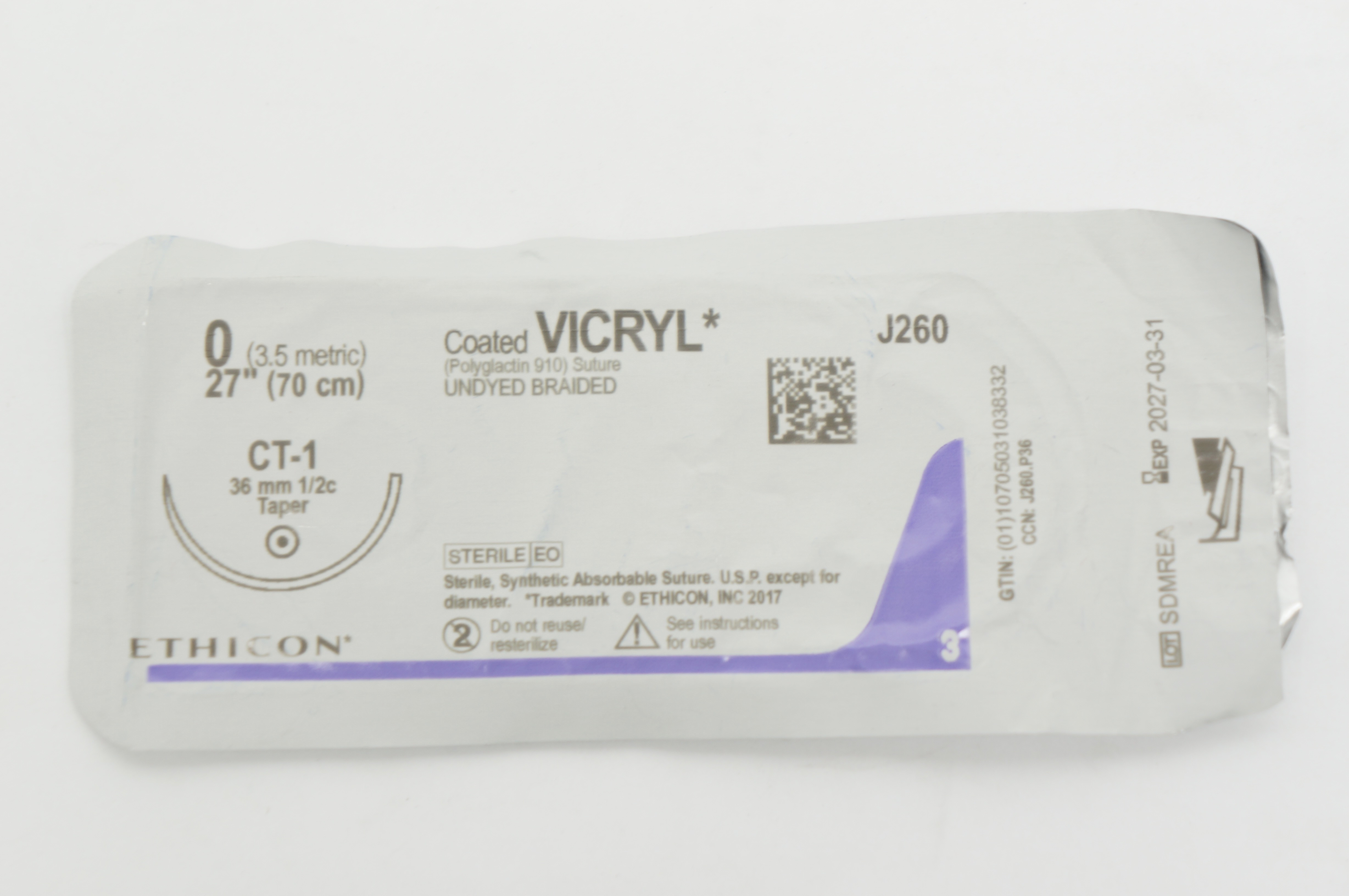 Ethicon J260 0 Coated VICRYL Undyed Braided, CT-1, 36mm 1/2c Taper, 27inch