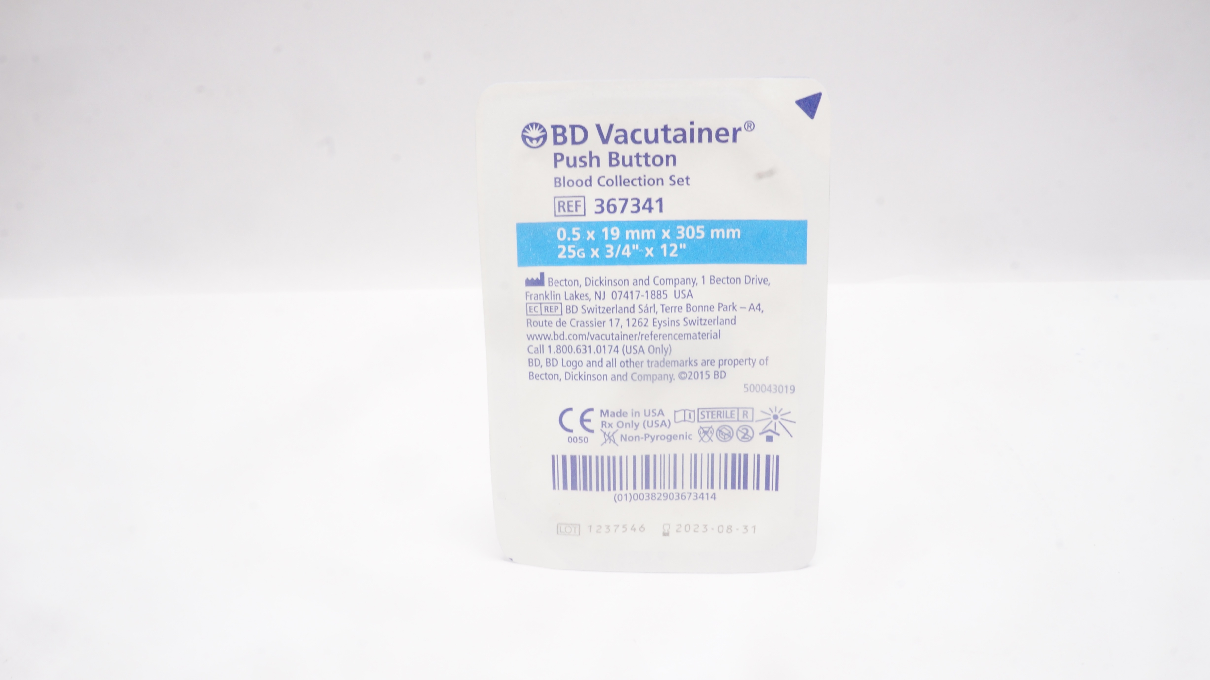 BD 367341 Vacutainer Push Button Blood Collection Set 25G x 3/4inch x 12inch (x)