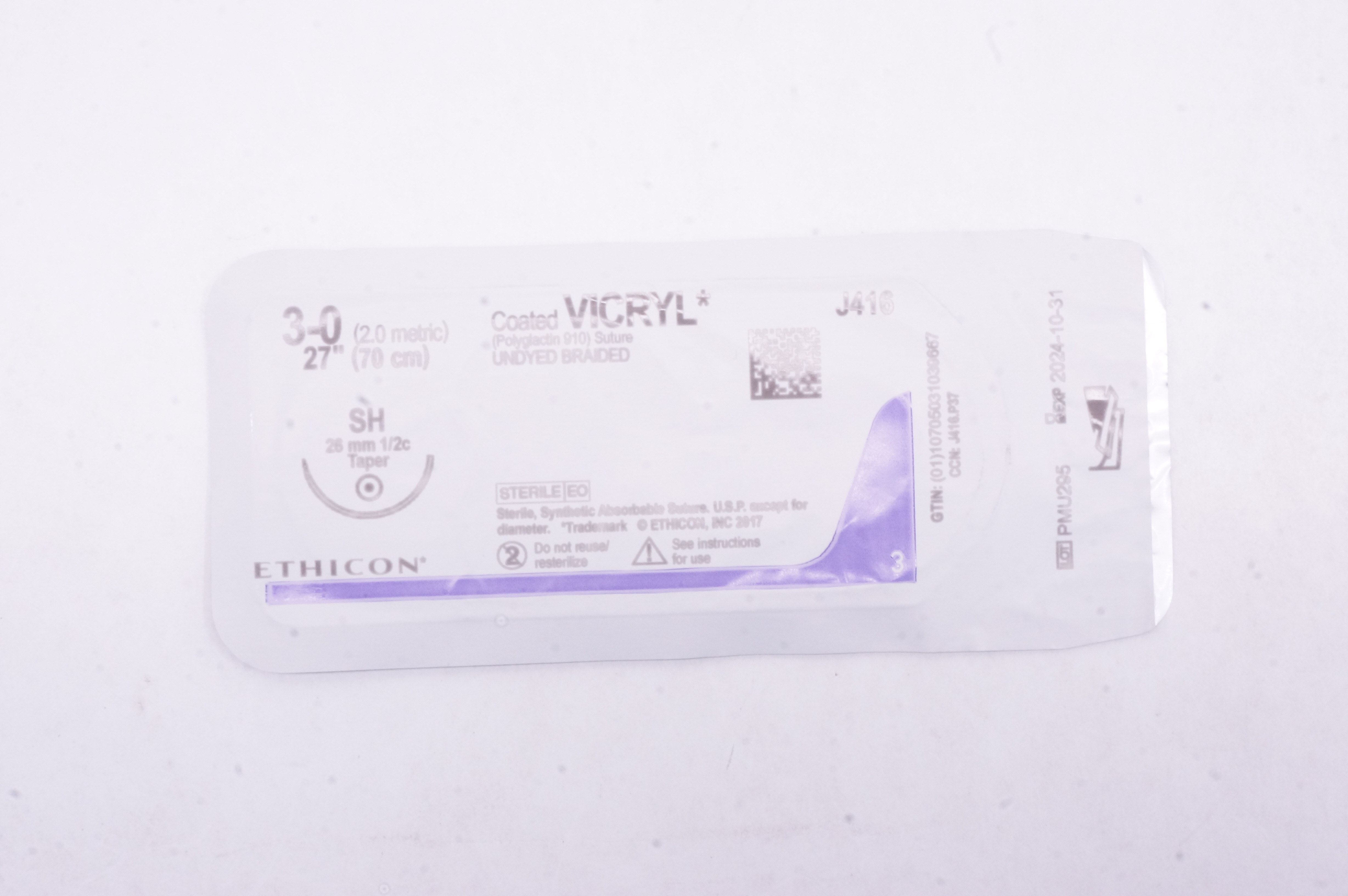 Ethicon J416 3-0 Coated VICRYL Stre, SH 26mm 1/2c Taper, 27inch