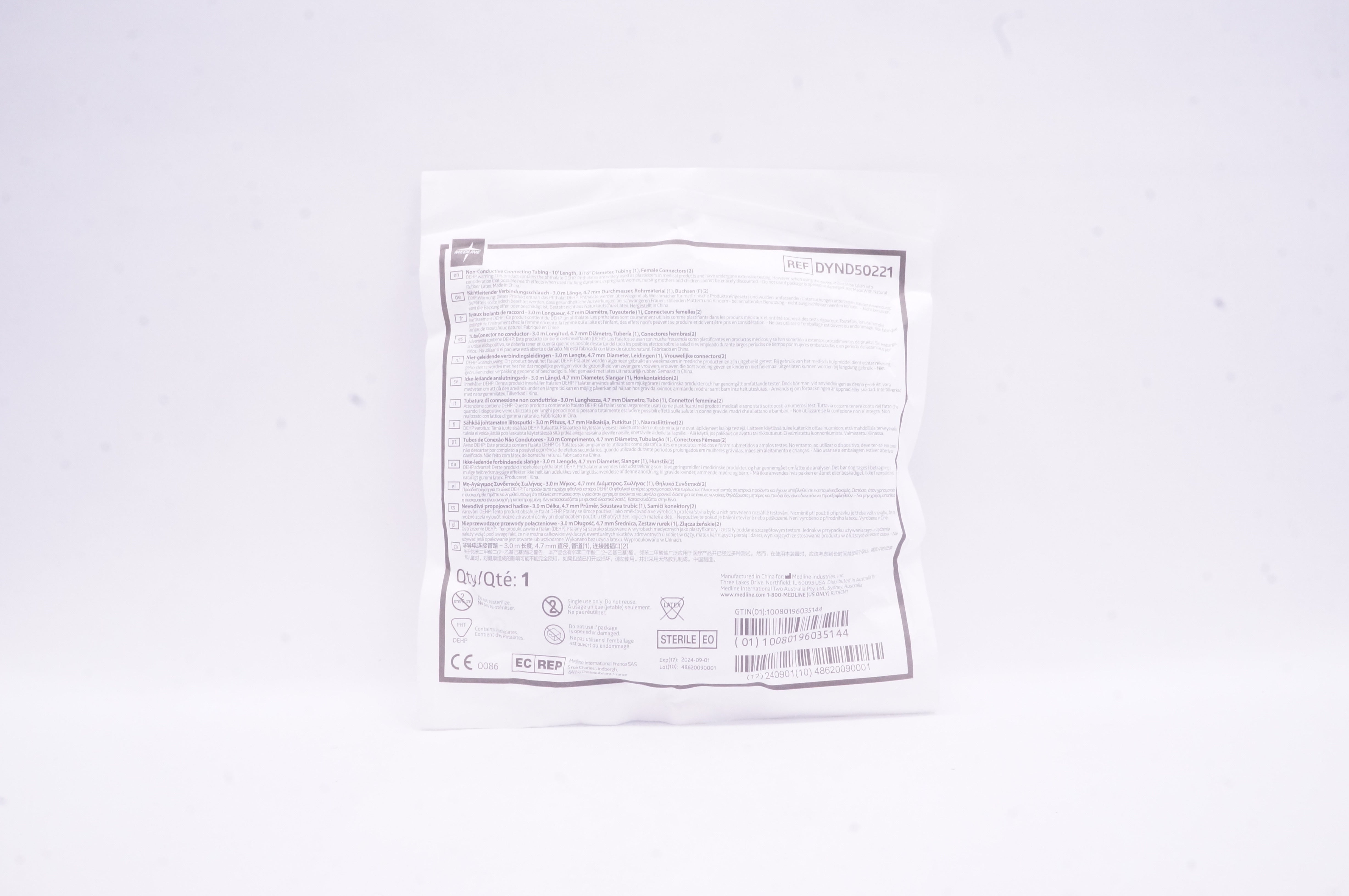 Medline DYND50221 Non-Conductive Connecting Tubing 10Ft. x 3/16in.