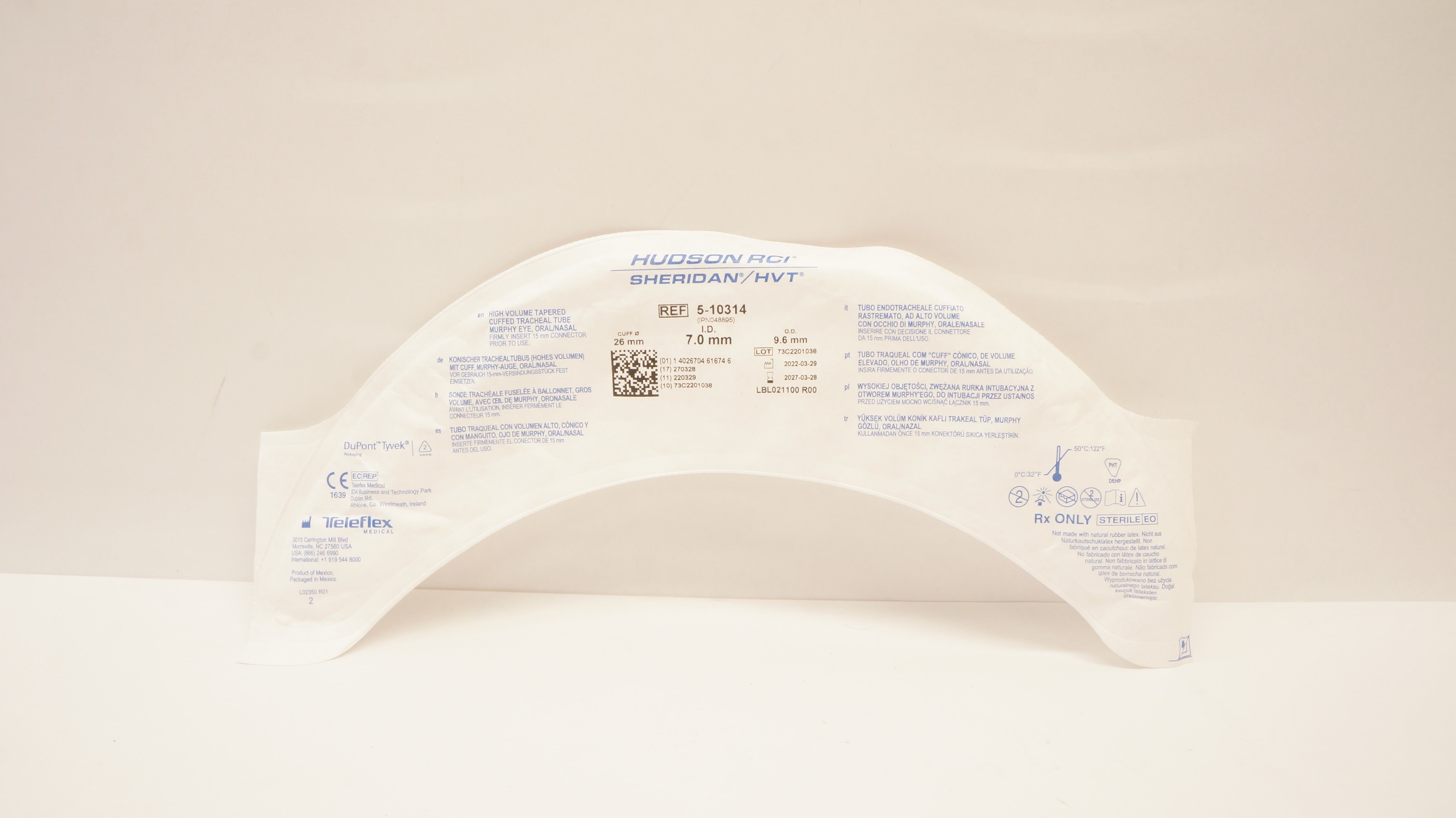 Teleflex 5-10314 Hudson RCI Sheridan Cuffed Tracheal Tube 7.0 ID x 9.6OD x 26mm