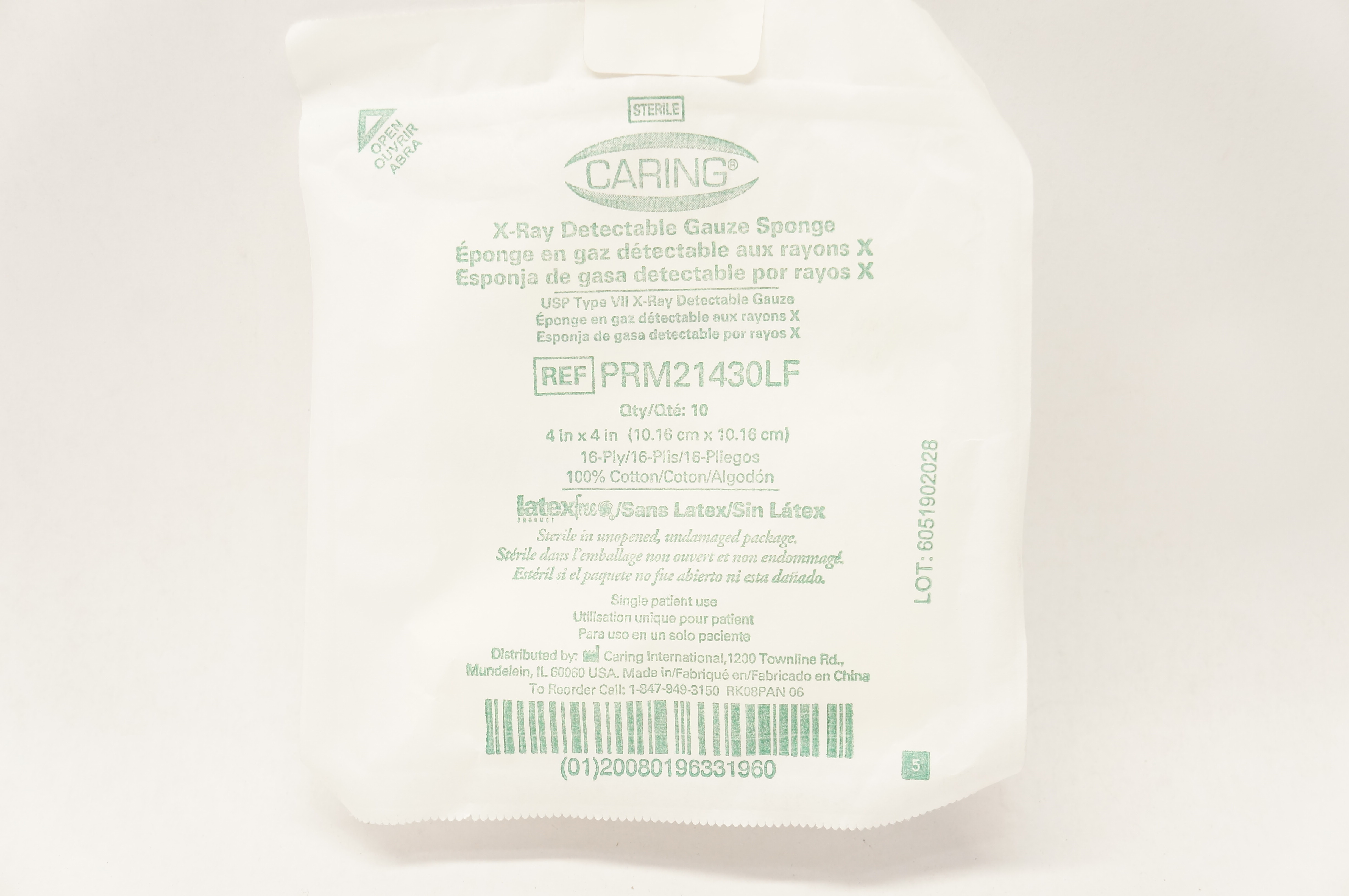 Caring PRM21430LF X-Ray Detectable Gauze Sponge 4 x 4 inch 16-Ply - Pack of 10