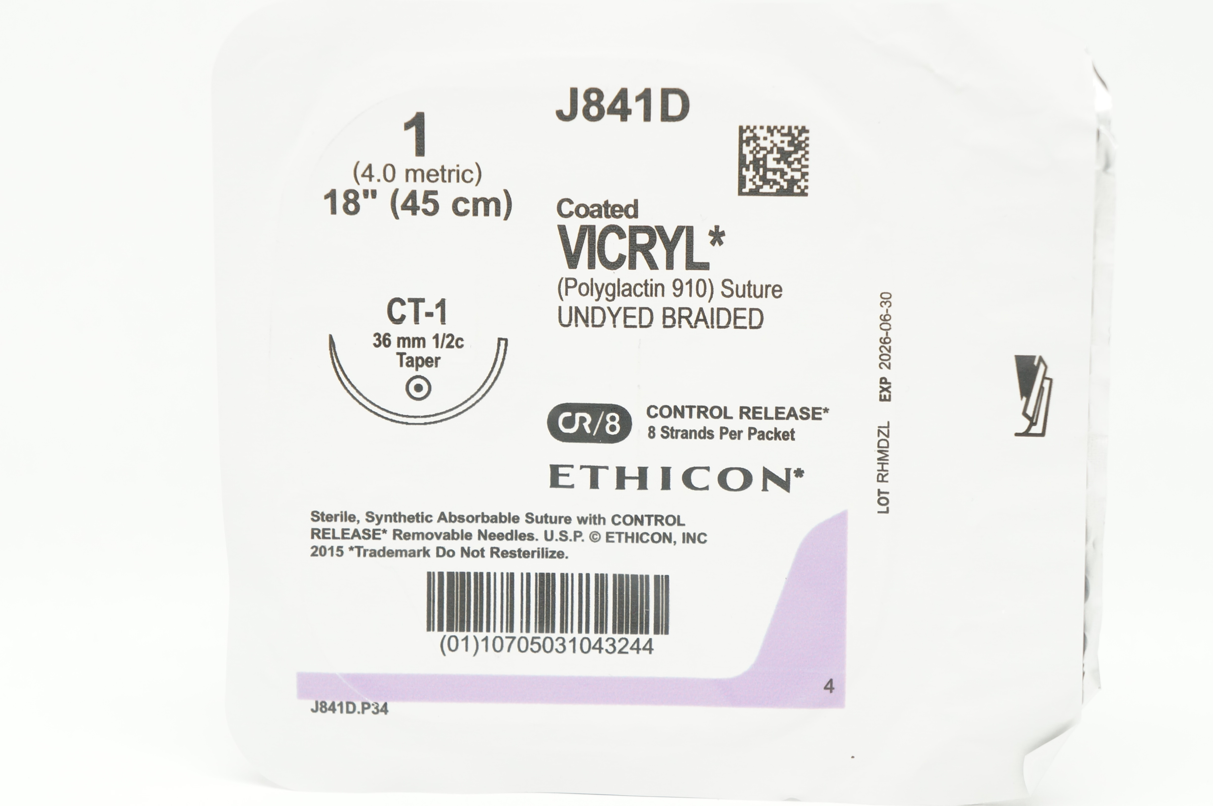 Ethicon J841D 1 Coated VICRYL Polyglactin Stre CT-1 36mm 1/2c Taper 18inch