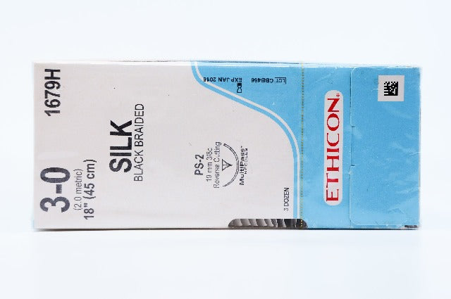 Ethicon 1679H 3-0 SILK, PS-2, 19mm 3/8c, Black Braided, 18inch ~ Pack of 36 (x)