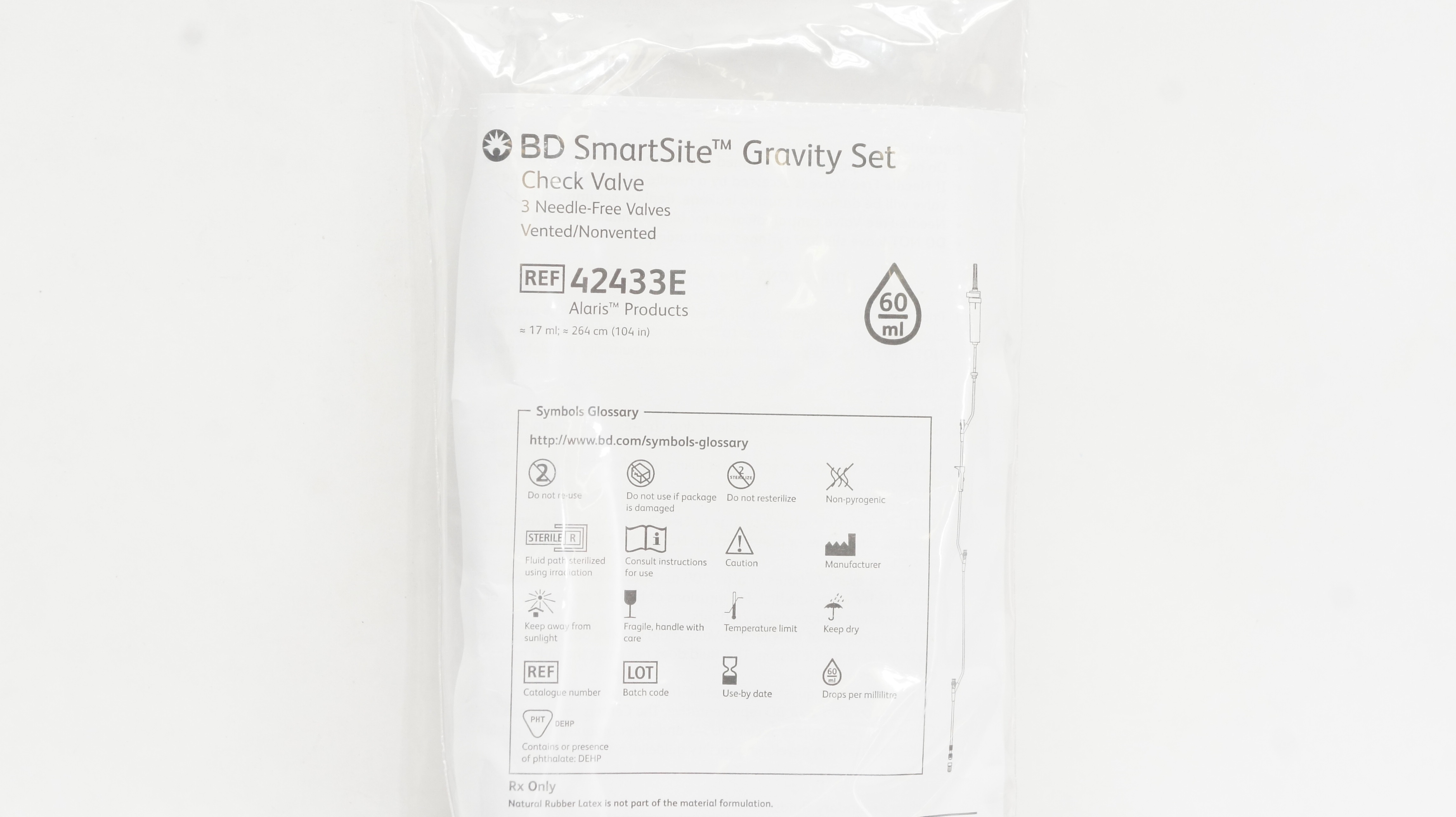 BD 42433E Alaris SmartSite Gravity Set Check Valve 17ml x 104inch 60Drops/ml