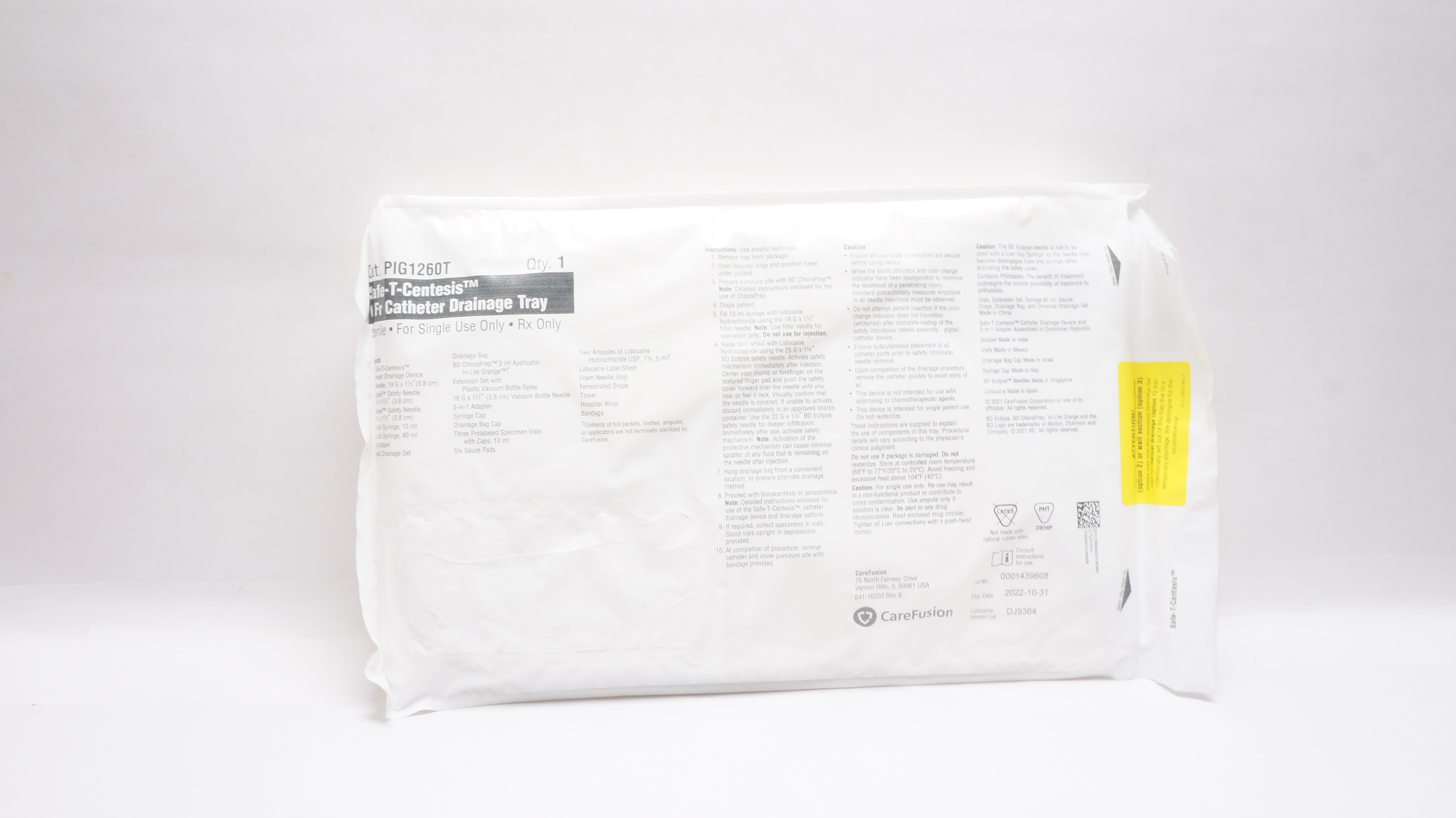 CareFusion PIG1260T Safe-T-Centesis 6 Fr. Cath. Drainage Tray (x)