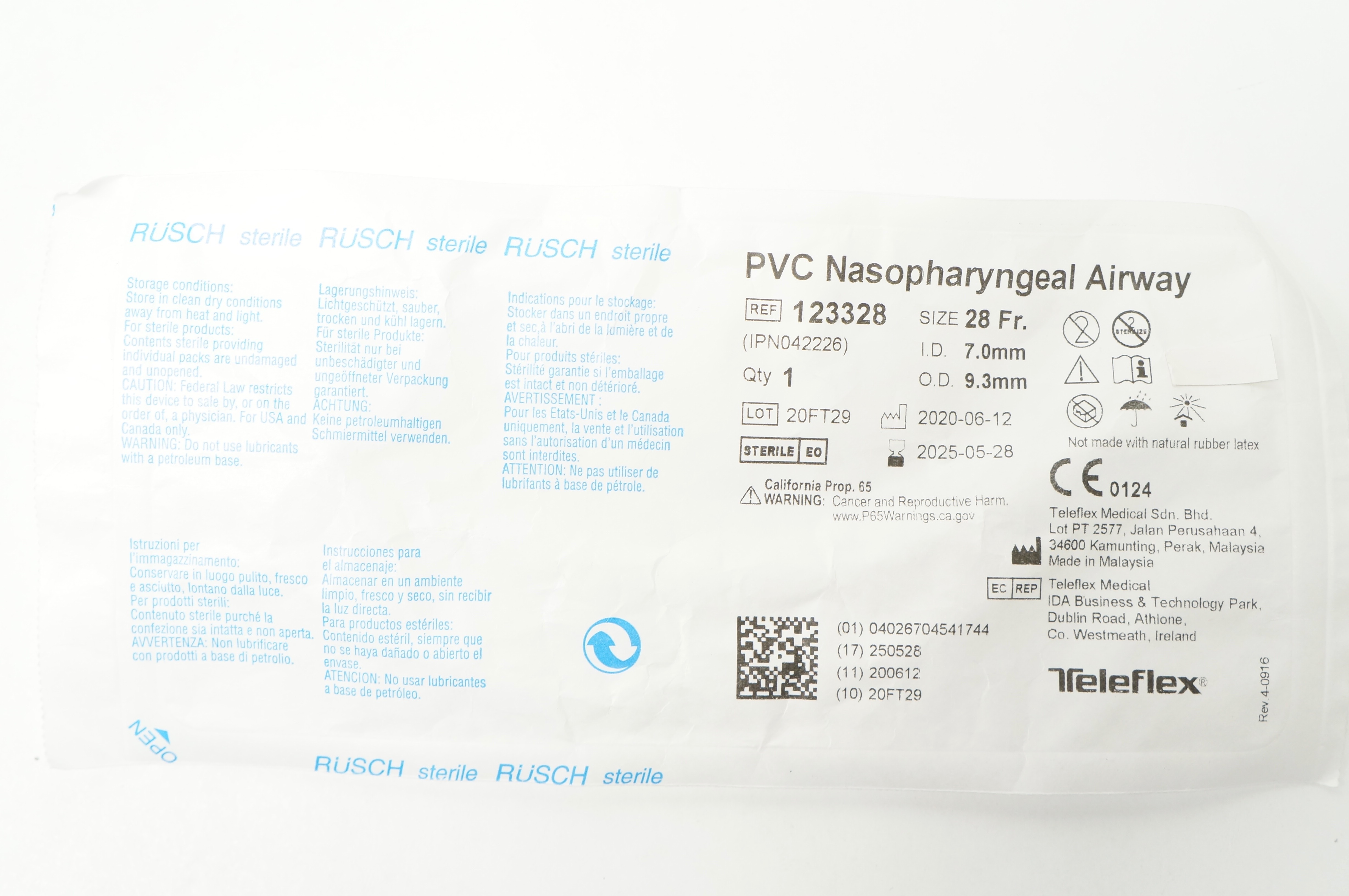 Teleflex 123328 RUSCH PVC Nasopharyngeal Airway 28Fr. x 7.0mm ID x 9.3mm OD