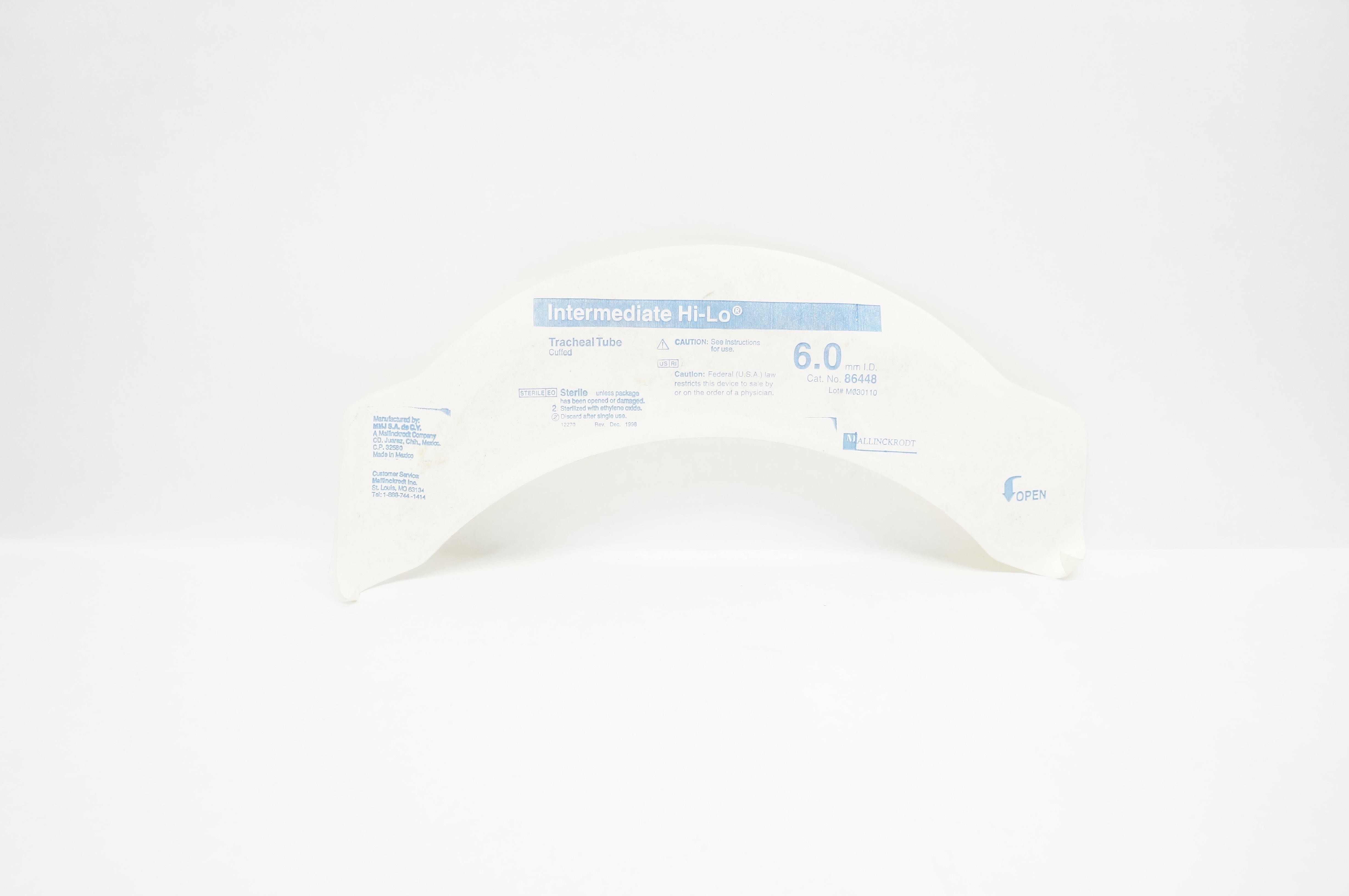 Mallinckrodt 86448 Intermediate Hi-Lo Tracheal Tube Cuffed 6.0mm