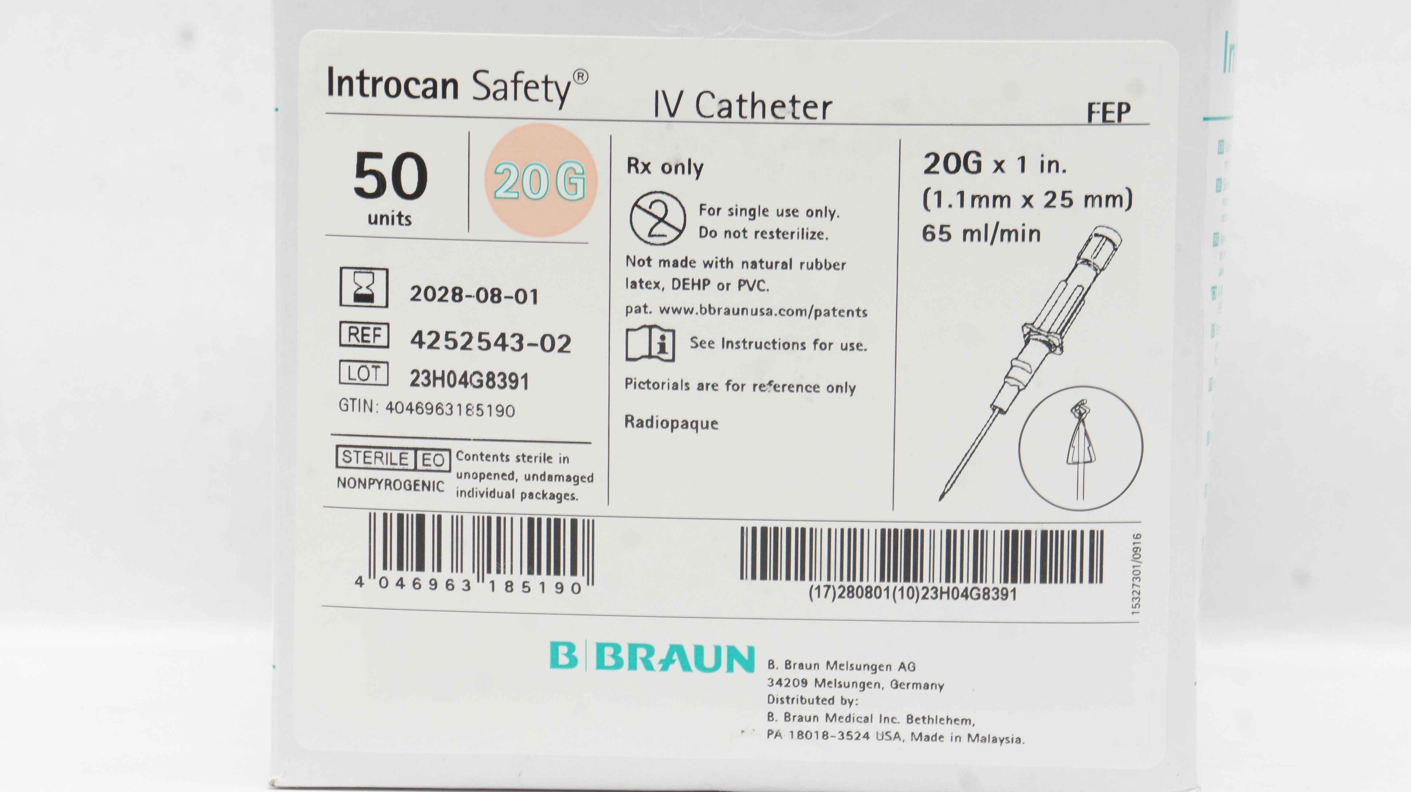 Braun 4252543-02 Introcan Safety IV Cath. 20G x 1inch 65ml/min - Box of 46