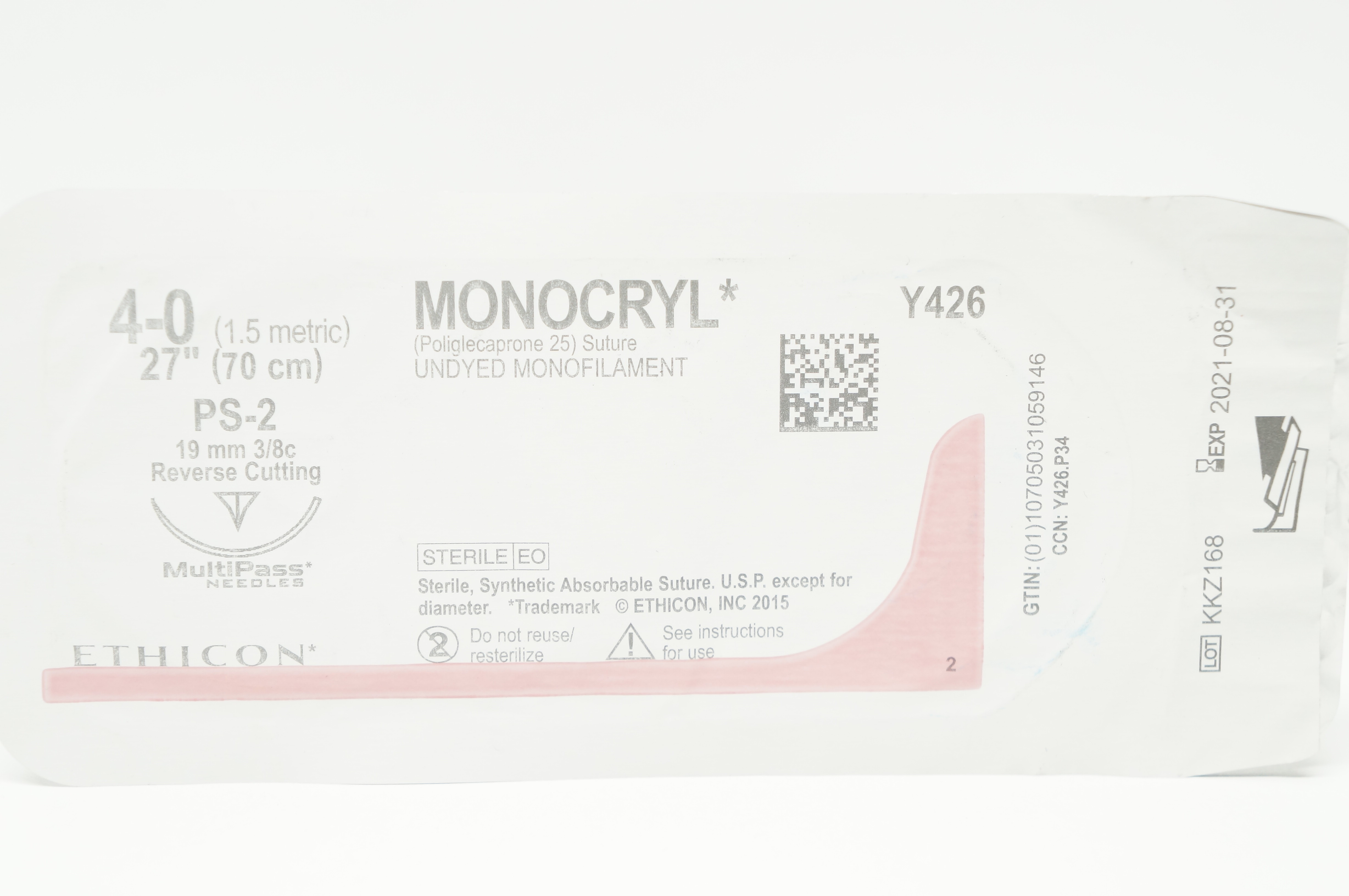 Ethicon Y426 4-0 MONOCRYL Undyed S-2 19mm 3/8c Reverse Cutting, 27inch (x)