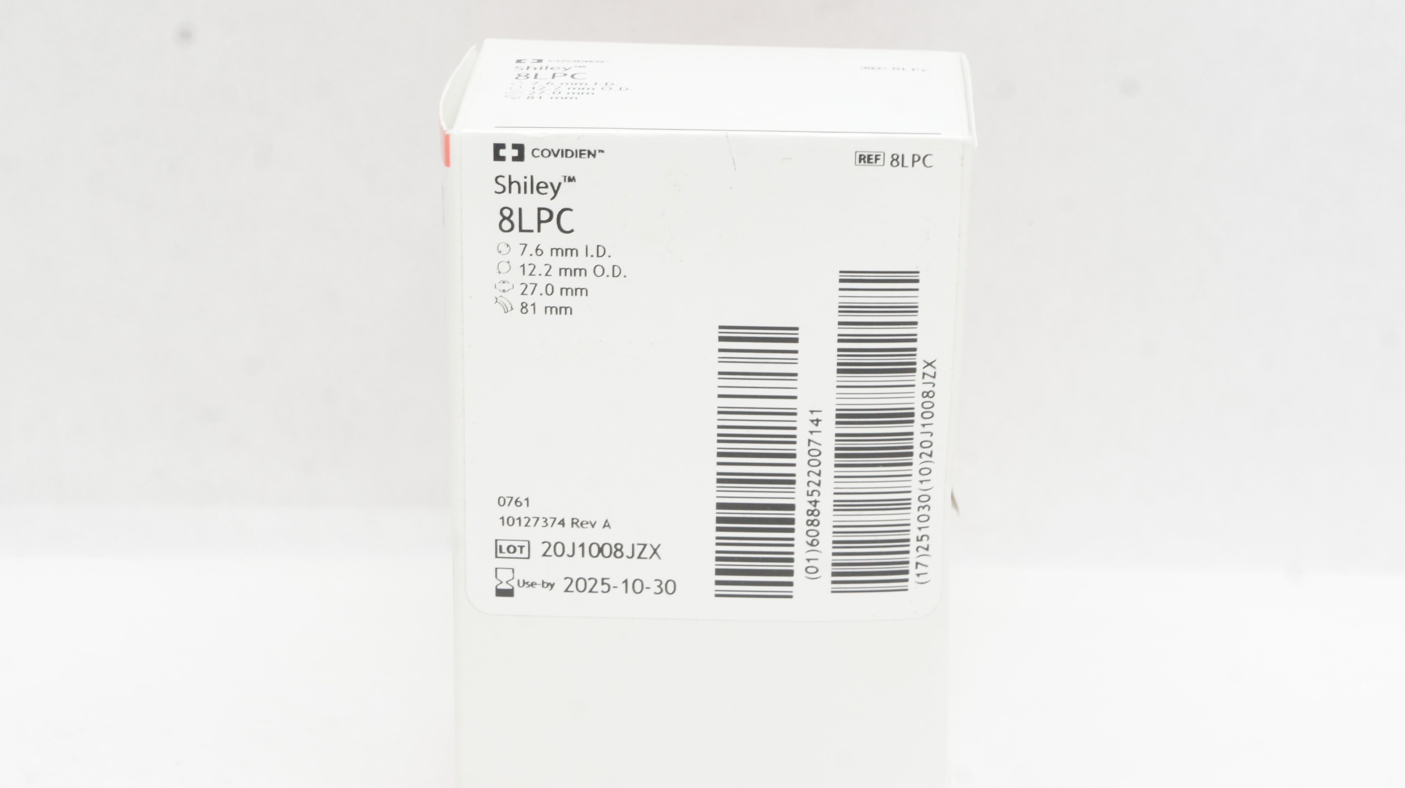 Covidien 8LPC Shiley Tracheostomy Tube Cuffed 7.6 ID x 12.2 OD x 27.0 x 81mm
