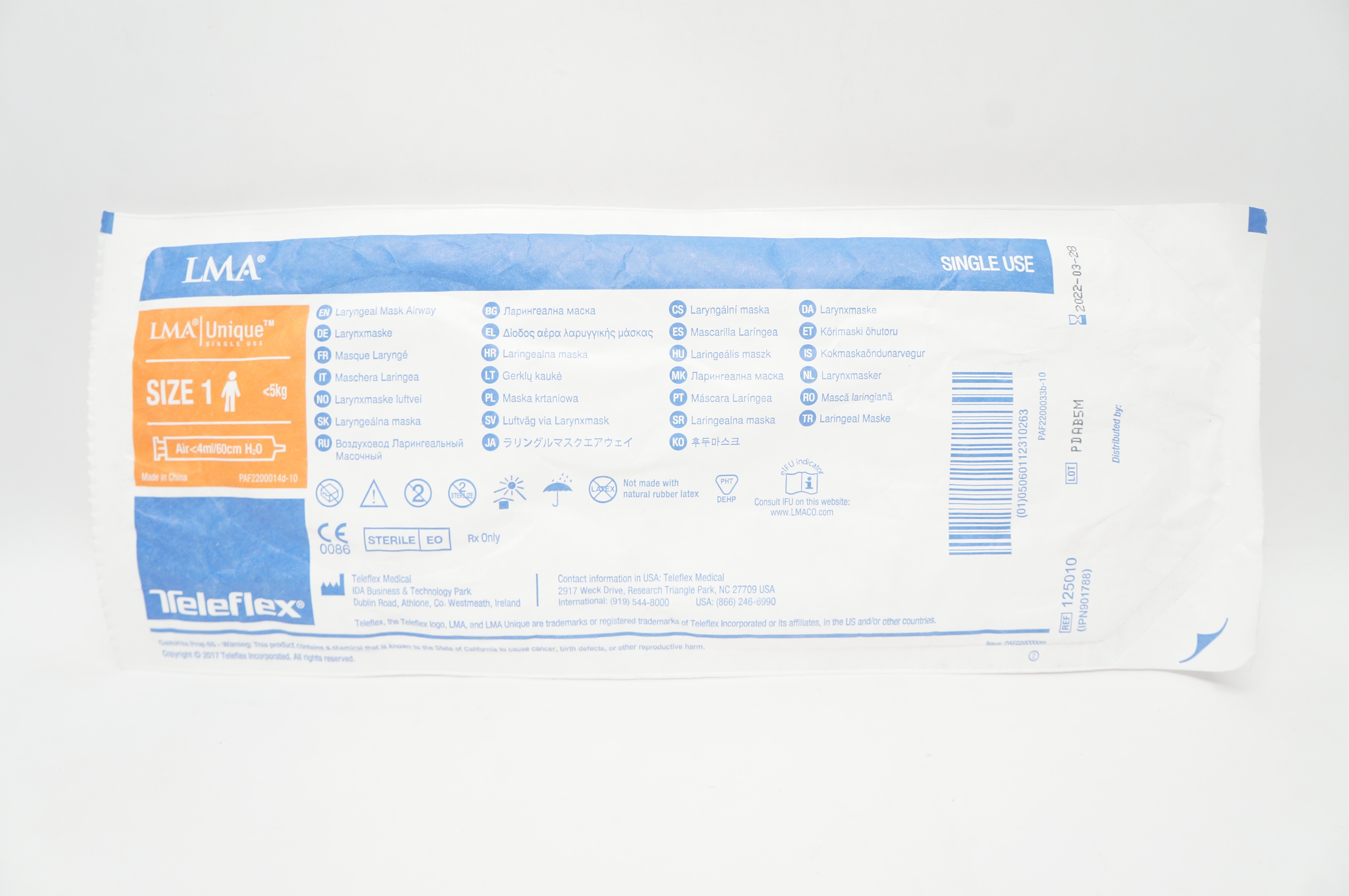 Teleflex 125010 LMA Unique Laryngeal Mask Airway, Size1 <5kg Air<4ml/60cm H2O(x)