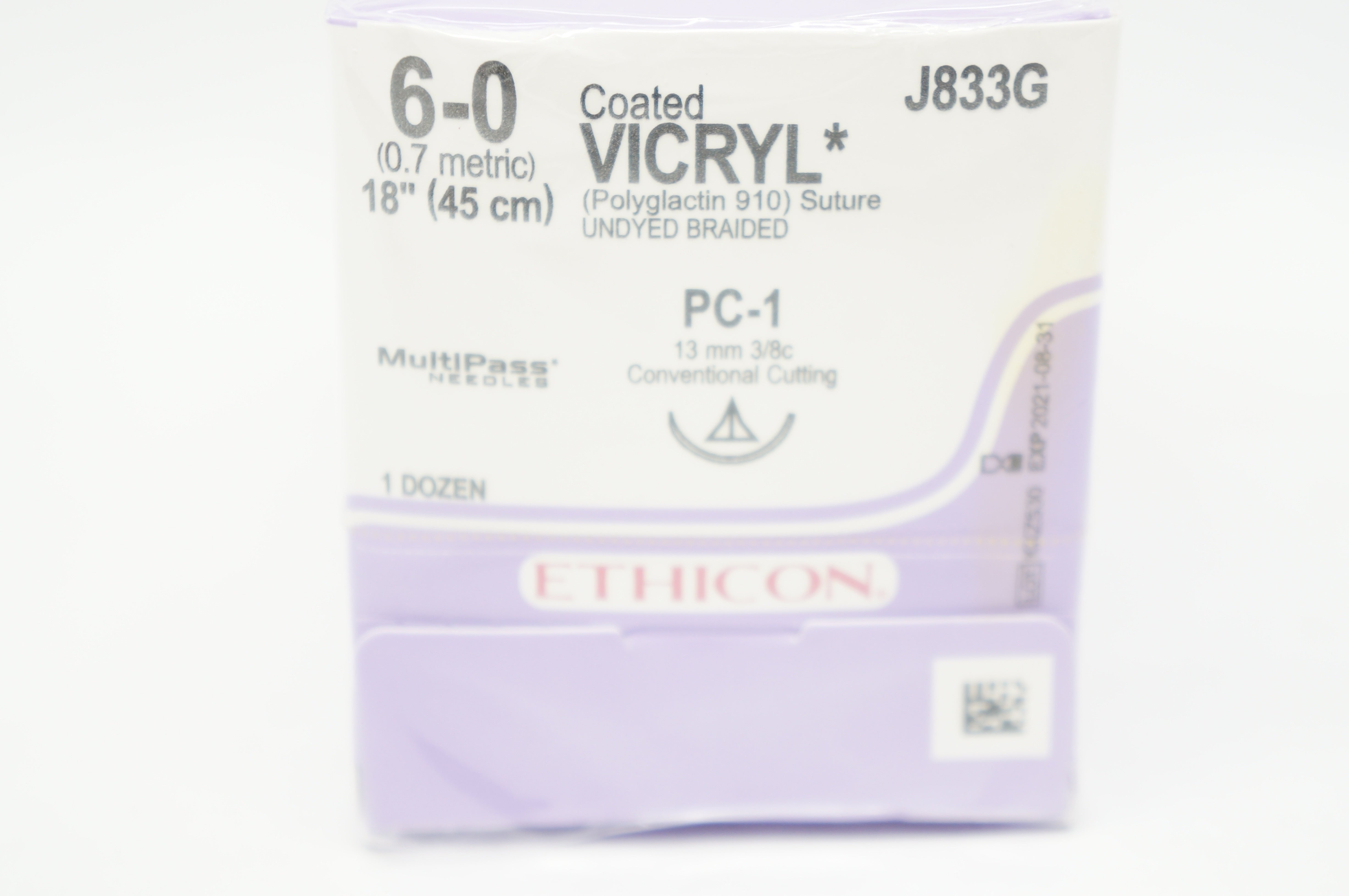 Ethicon J833G 6-0 Coated Vicryl Stre PC-1 13mm 3/8c 18 inch (x) - Box of 12