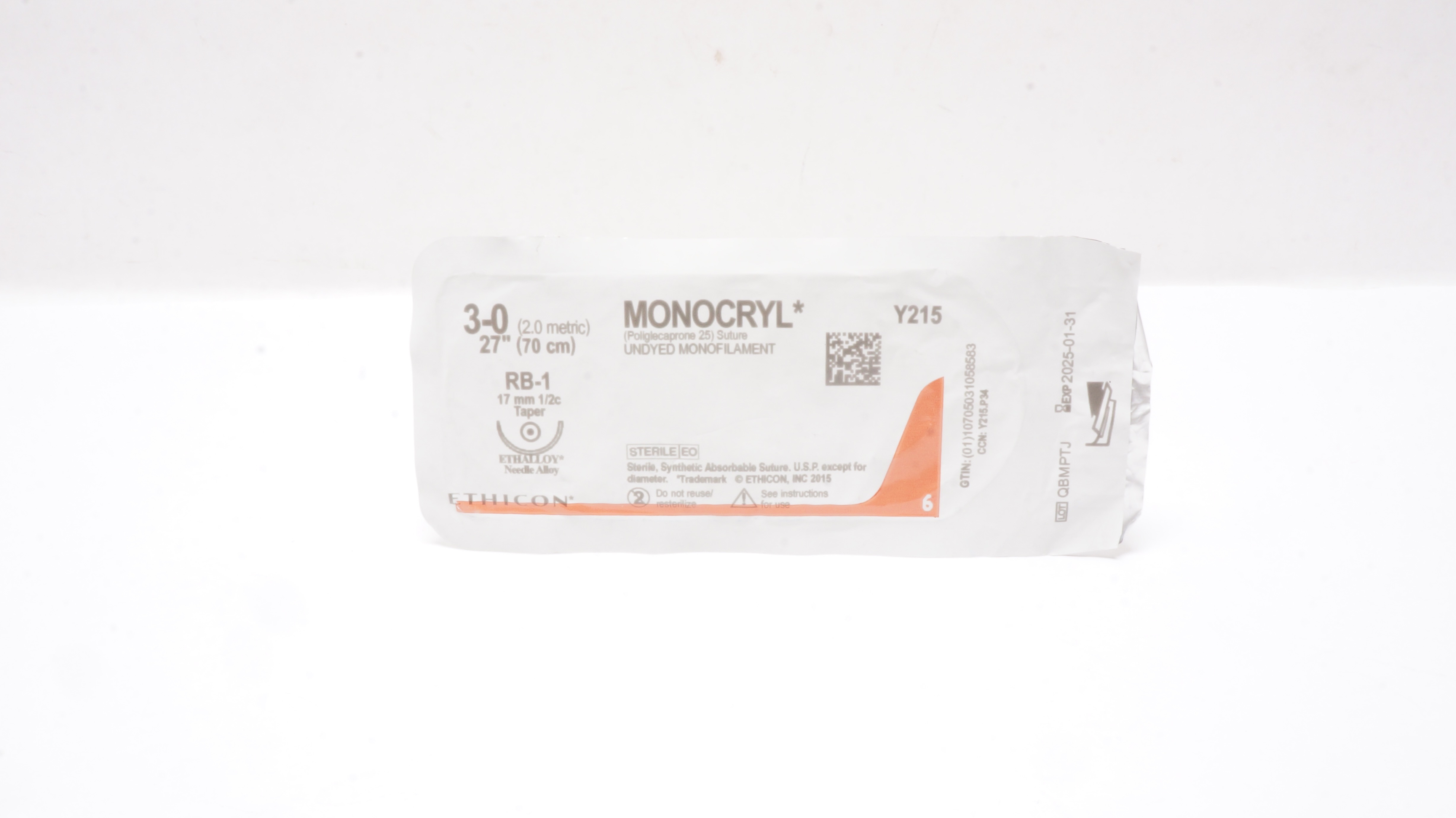 Ethicon Y215 3-0 MONOCRYL Poliglecaprone 25 Stre RB-1 17mm 1/2c Taper 27 in.