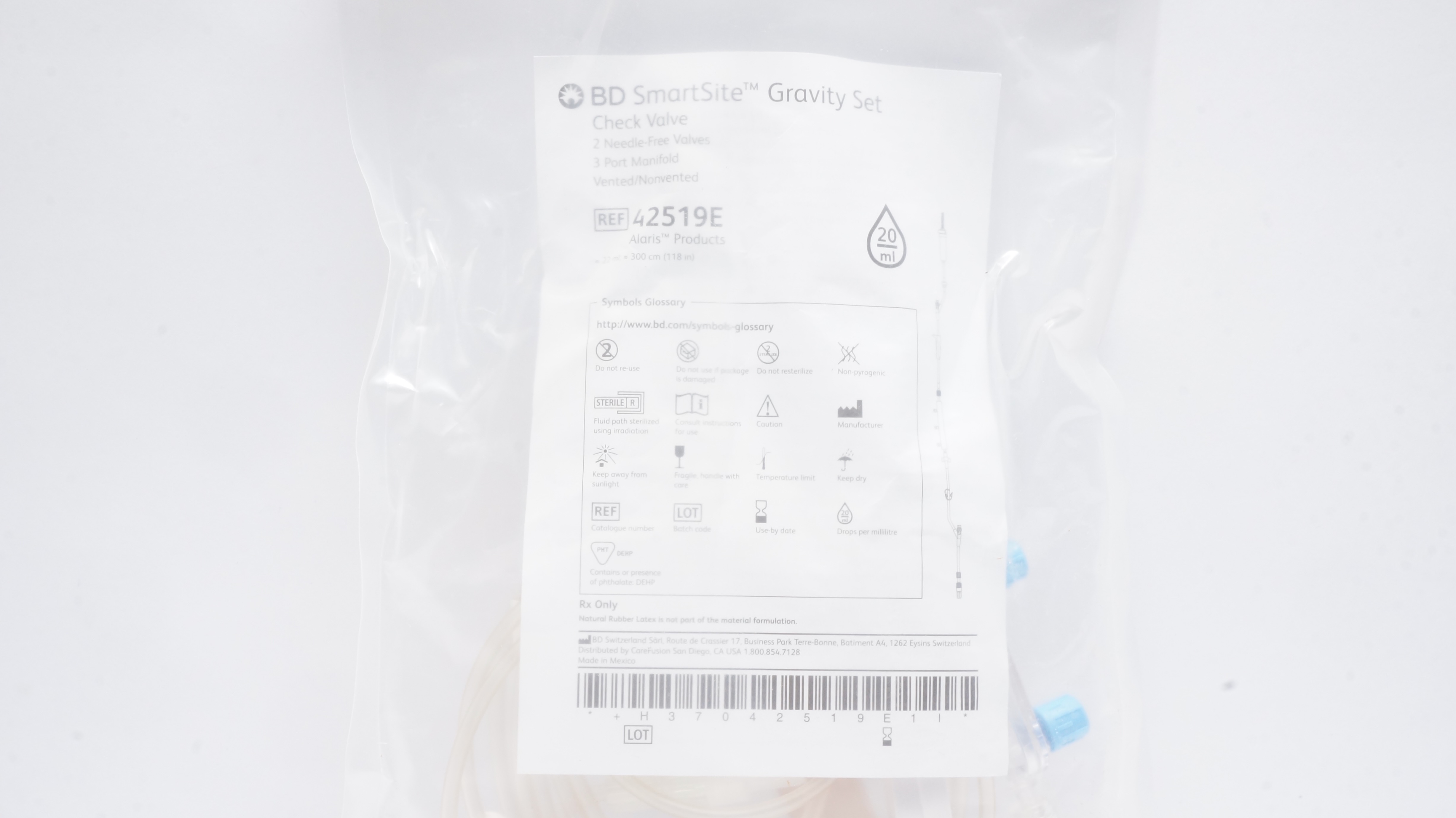 BD 42519E SmartSite Gravity Set Check Valve 22ml x 118inch 20Drops/mL