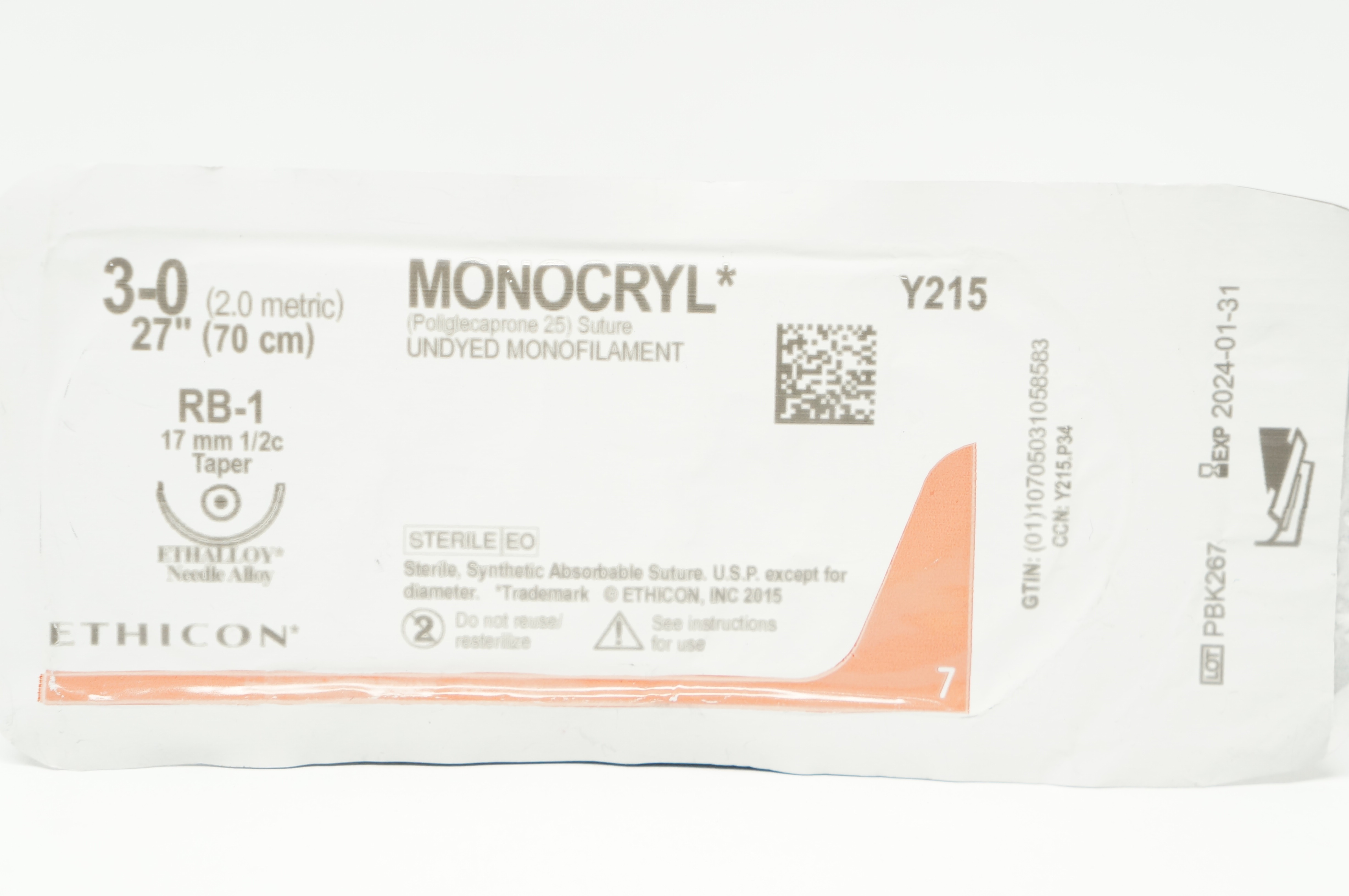 Ethicon Y215 3-0 MONOCRYL RB-1 17mm 1/2c Taper, 27 inch