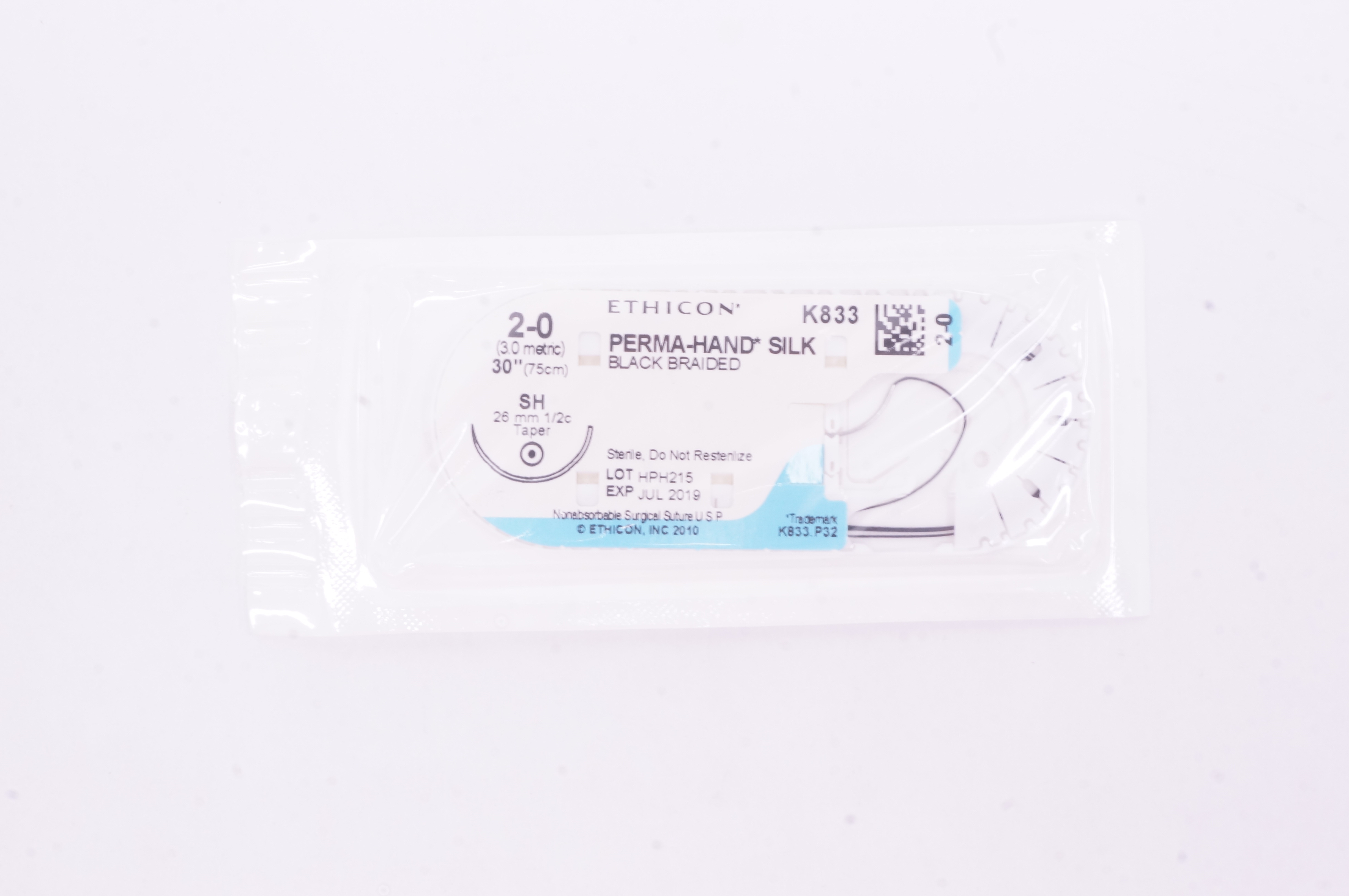 Ethicon K833 2-0 PERMA-HAND SILK Stre, SH, 26mm 1/2c Taper, 30inch (x)