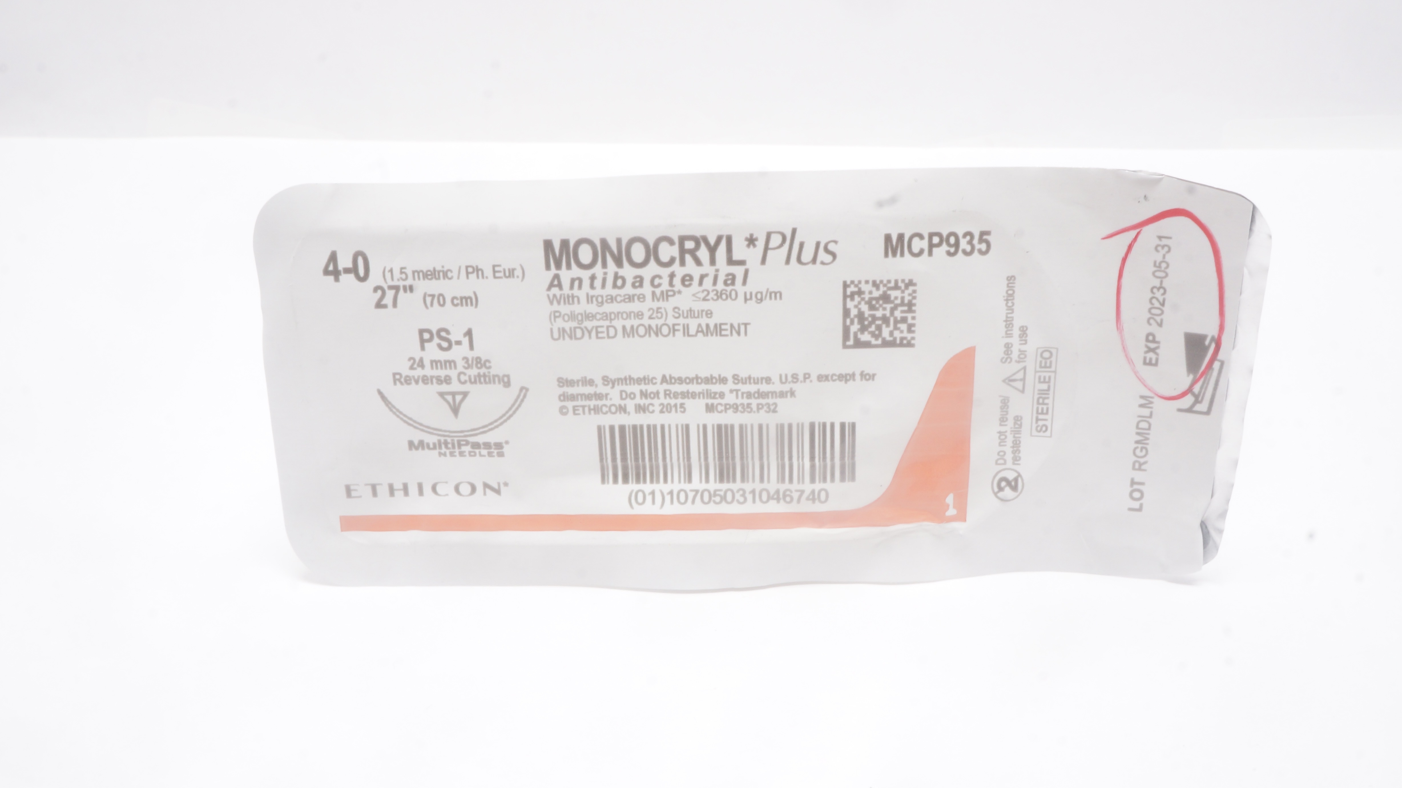Ethicon MCP935 4-0 MONOCRYL Plus, PS-1 24mm 3/8c Reverse Cutting, 27inch (x)
