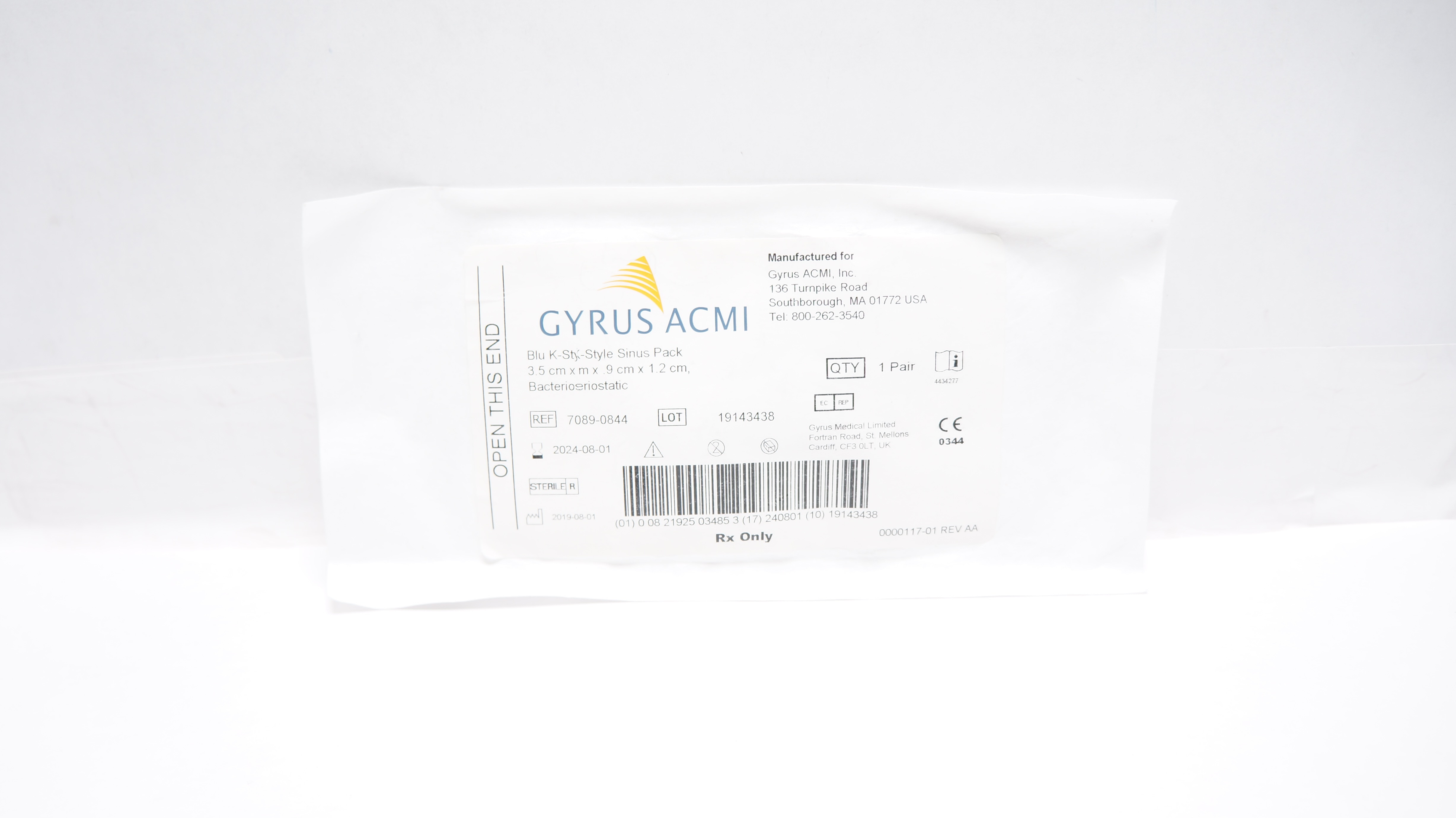 Gyrus Acmi 7089-0844 Blu K-Style Sinus Pack 3.5cm x m x 9cm x 1.2cm