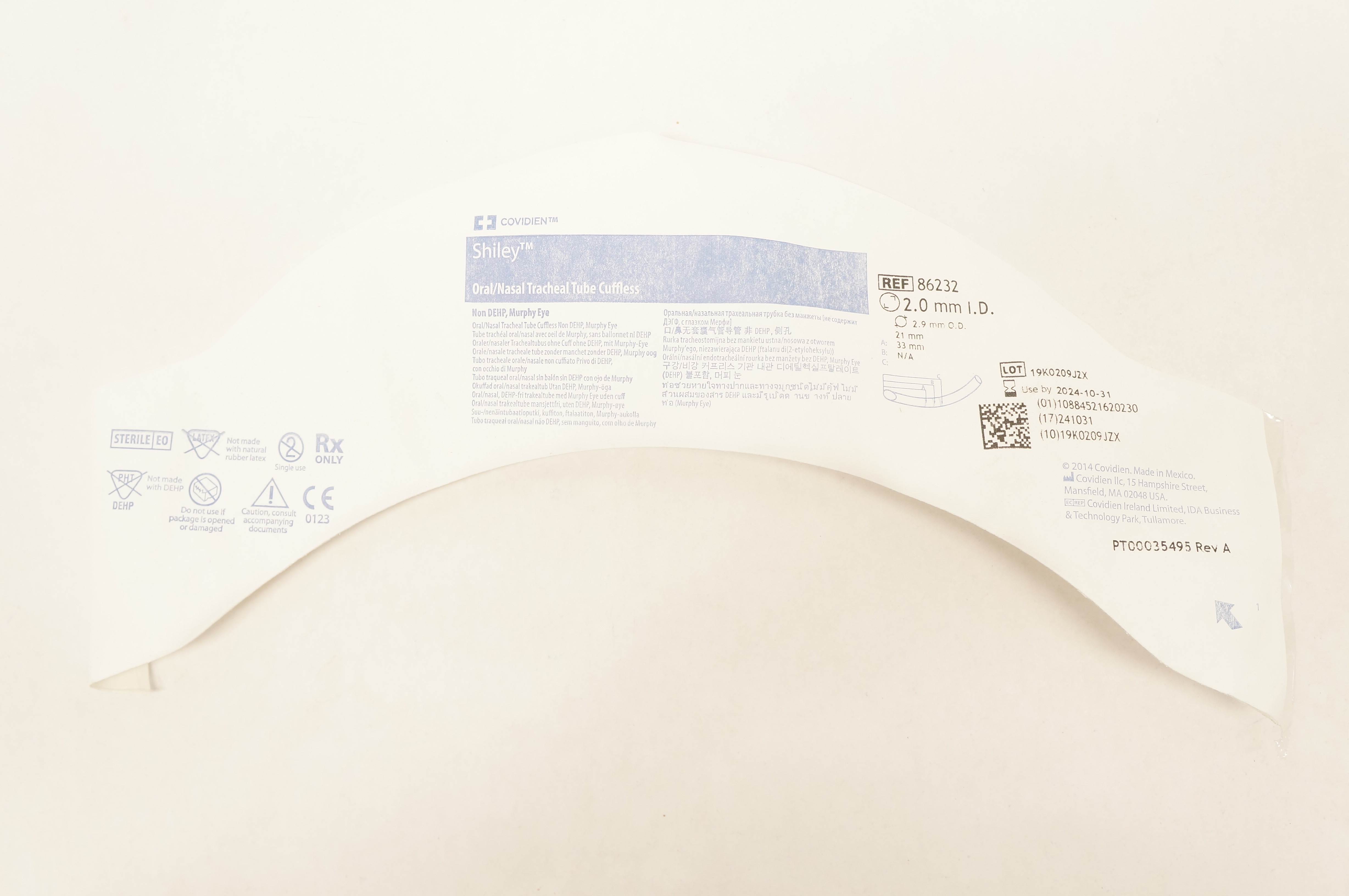 Covidien 86232 Shiley Oral/Nasal Endotracheal Tubes Cuffless 2.0mm ID x 2.9mm OD