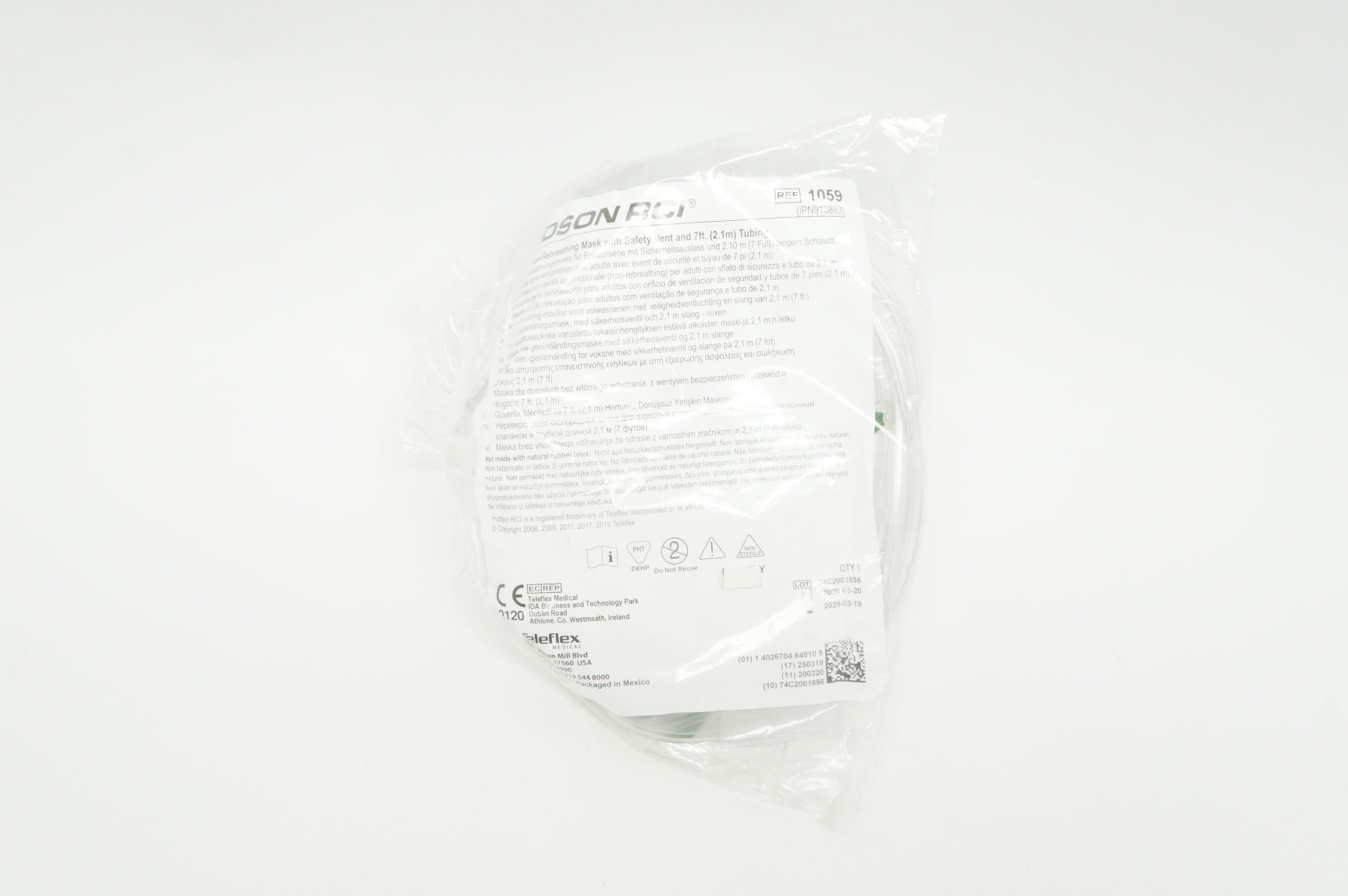 Hudson RCI 1059 Non-Rebreathing Mask with Safety Vent and Tubing 7ft