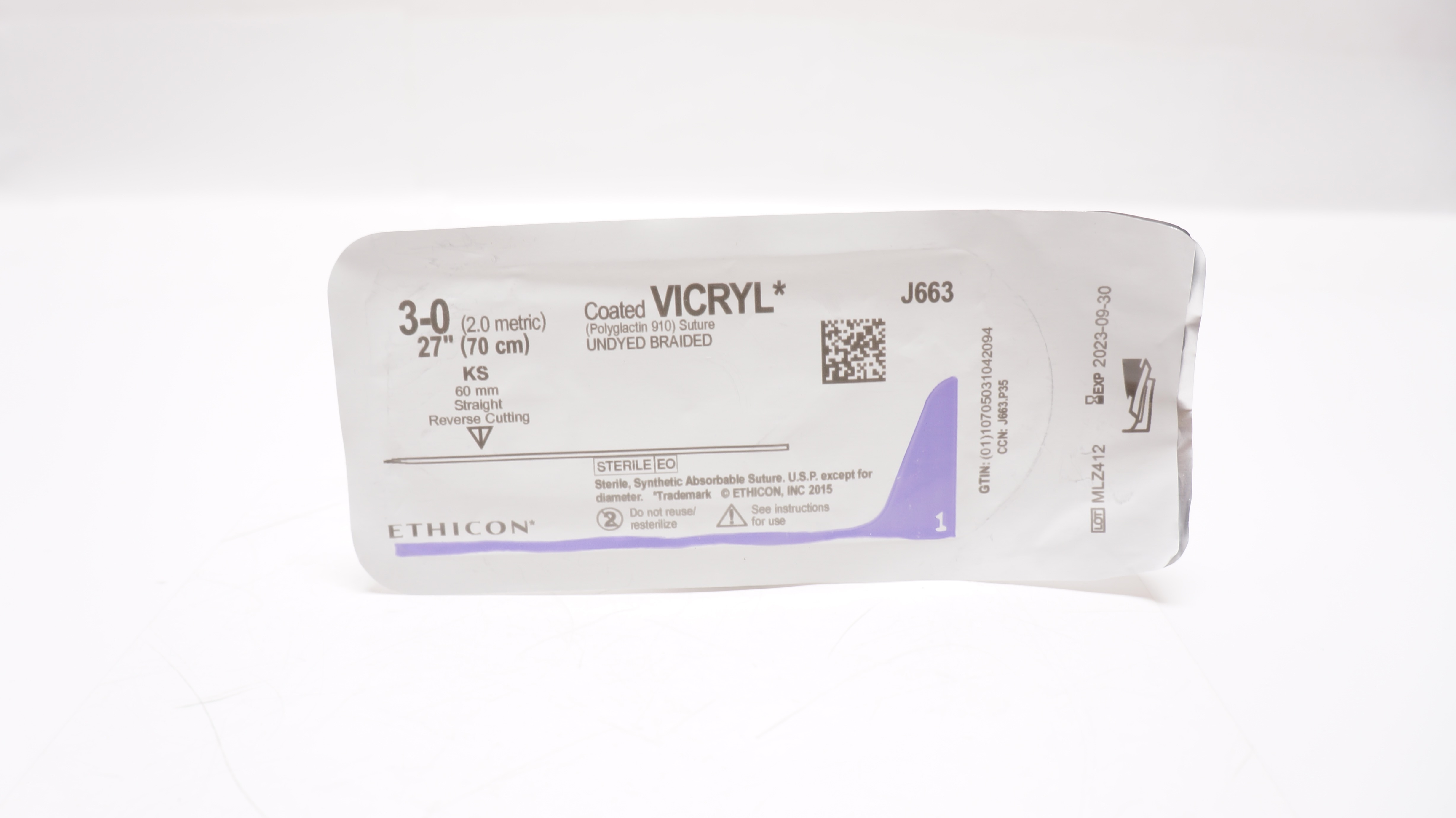Ethicon J663 3-0 Coated VICRYL, KS, 60mm Straight Reverse Cutting,  27inch (x)