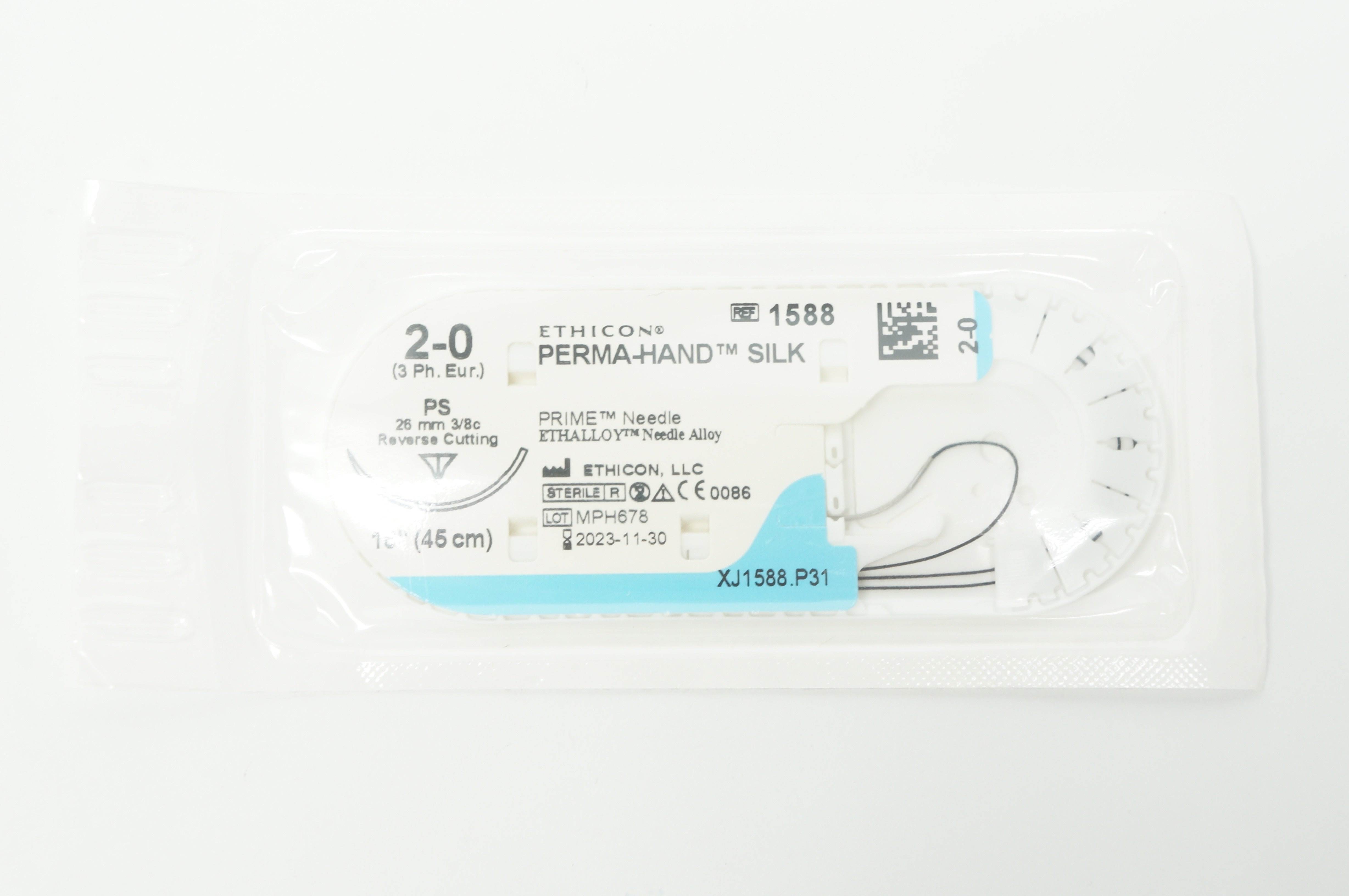 Ethicon 1588 2-0 PERMA-HAND SILK Stre PS 26mm 3/8c Reverse Cutting, 18inch