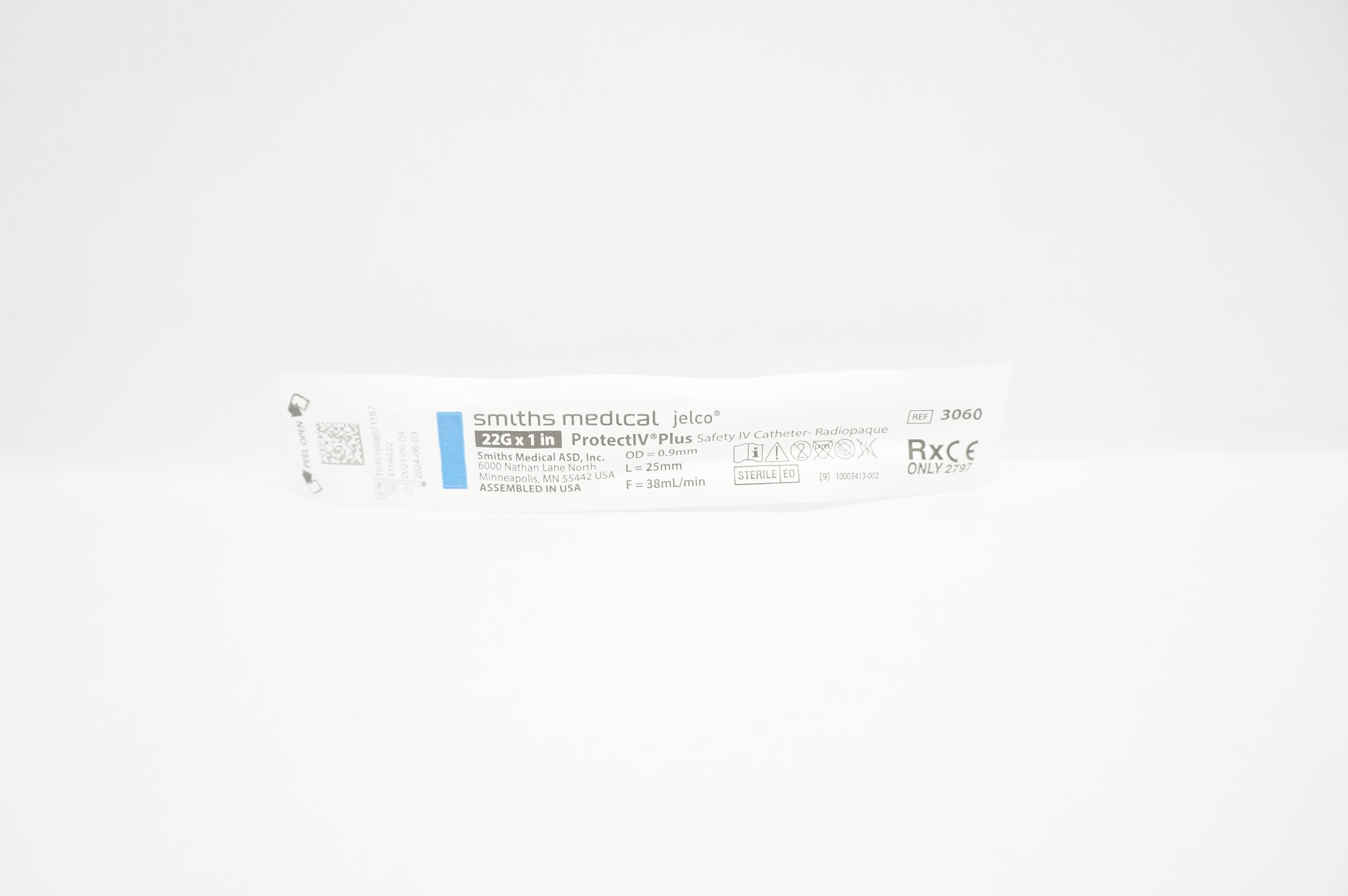 Smiths Medical 3060 Jelco ProtectIV Plus Safety Cath. 22G x 1inch, 38ml/min